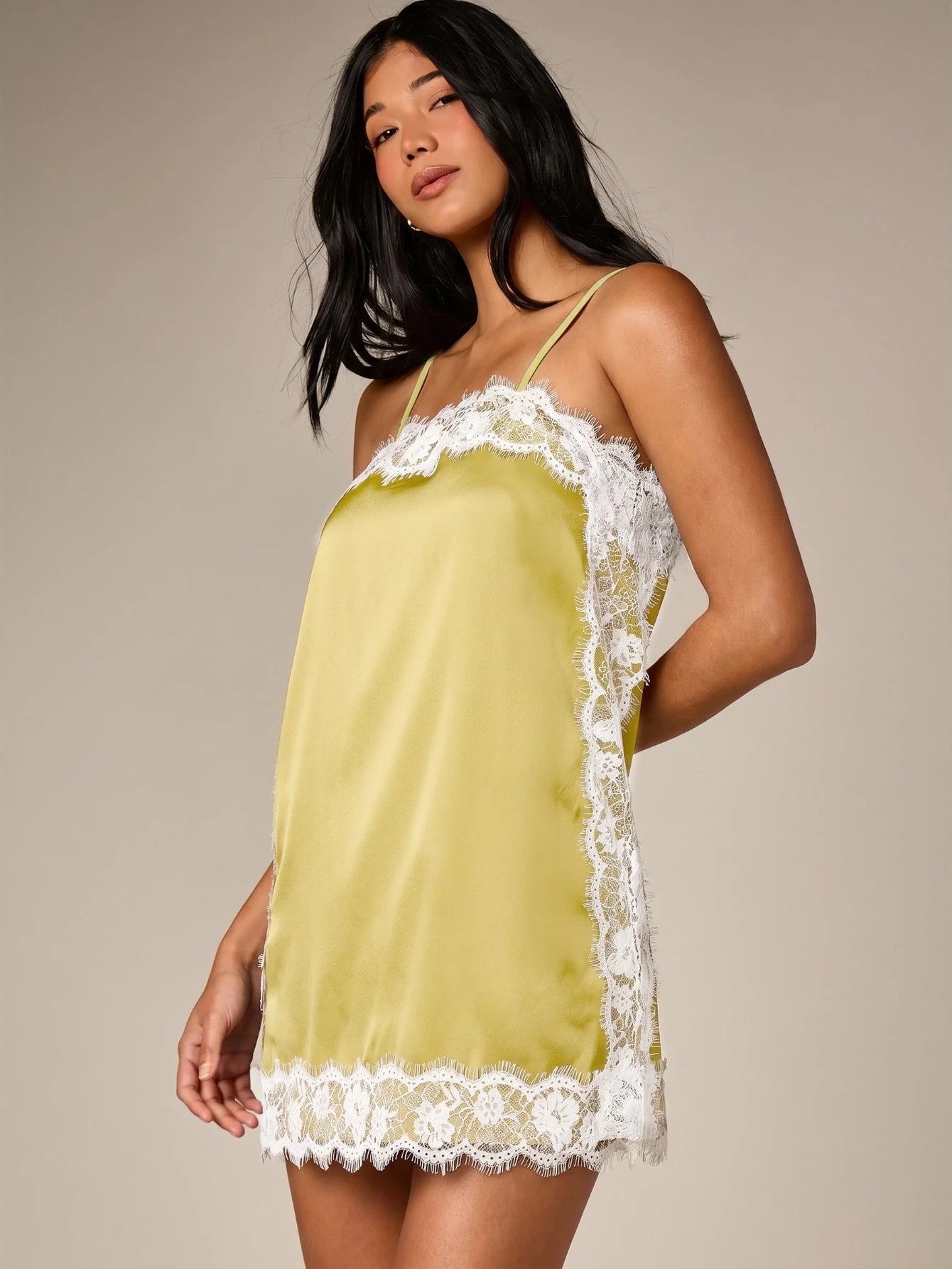 AiiRZ Satin Mini Dress With Contrast Black Lace Trim Eyelash Detailing Strapless Bodycon Evening Party Date - image 11