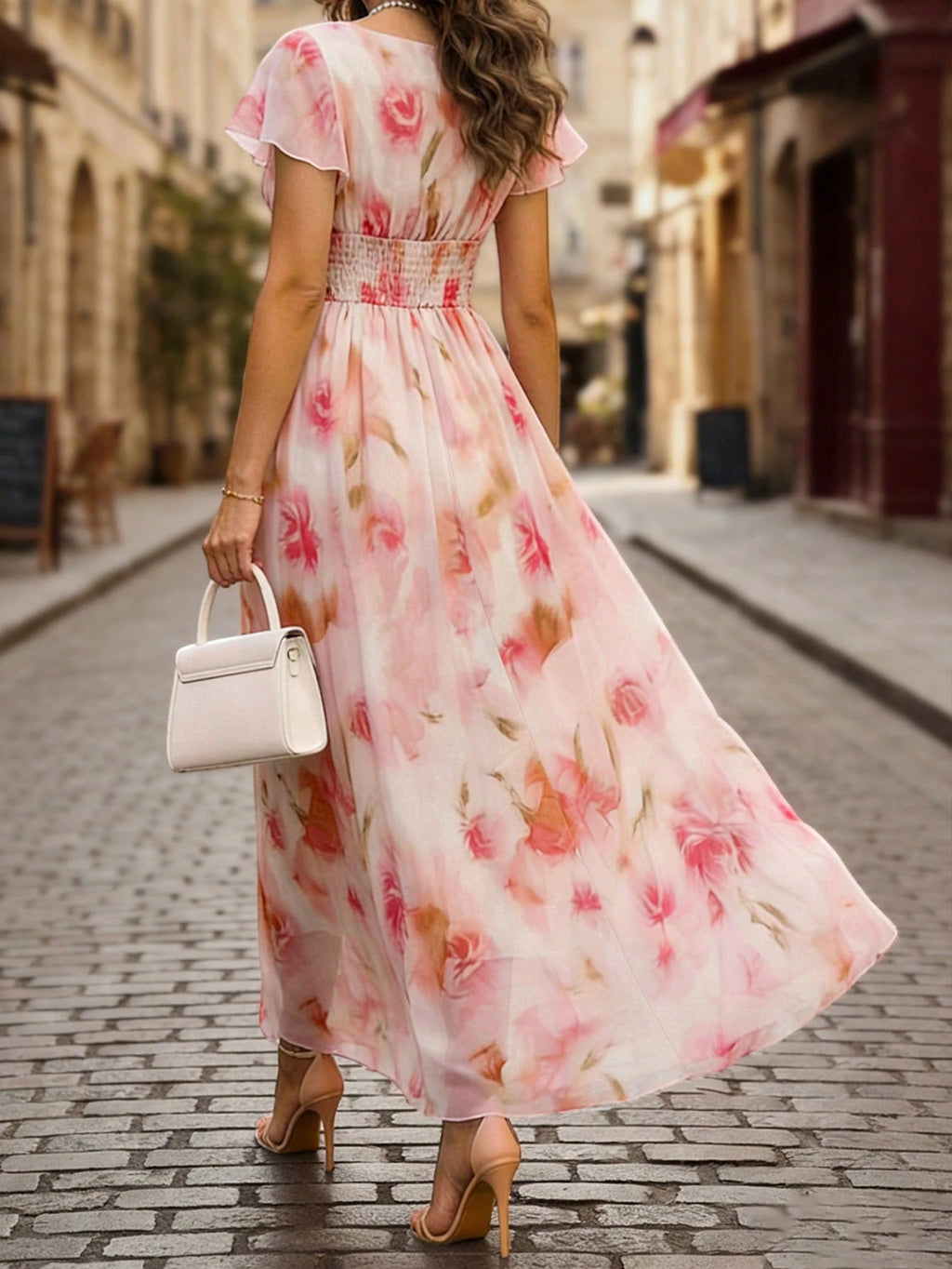 Balvessa V-Neck Elegant Ruffle Hem Floral Print Waist Cinched A-Line