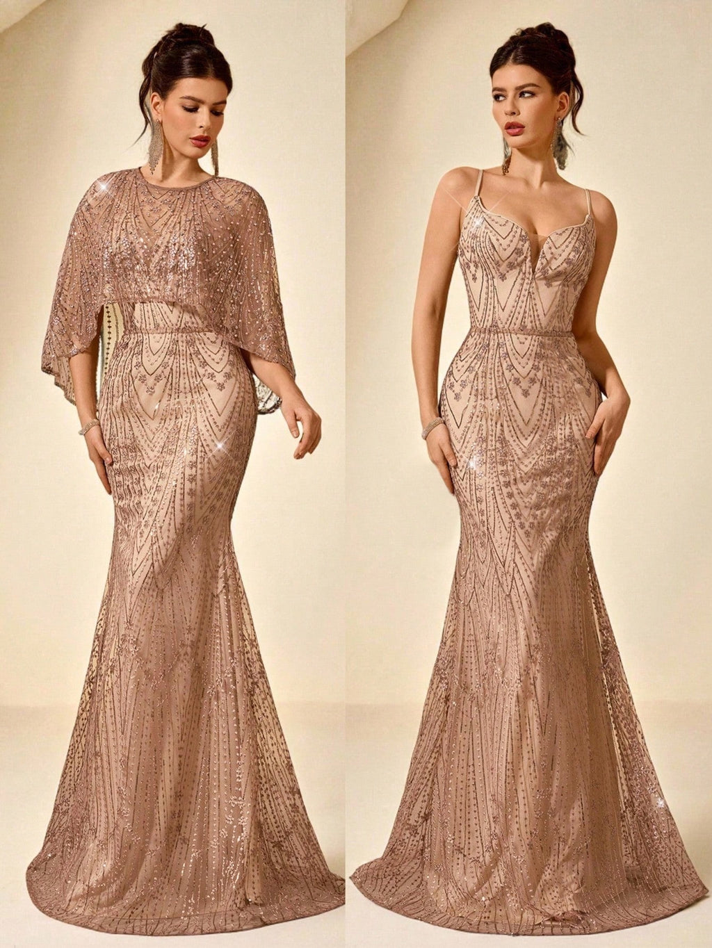 Coutiva Women's Elegant Two Pieces Sequin Mermaid Formal Evening Gown,Dusty Rose Winter Wedding Guest Dress