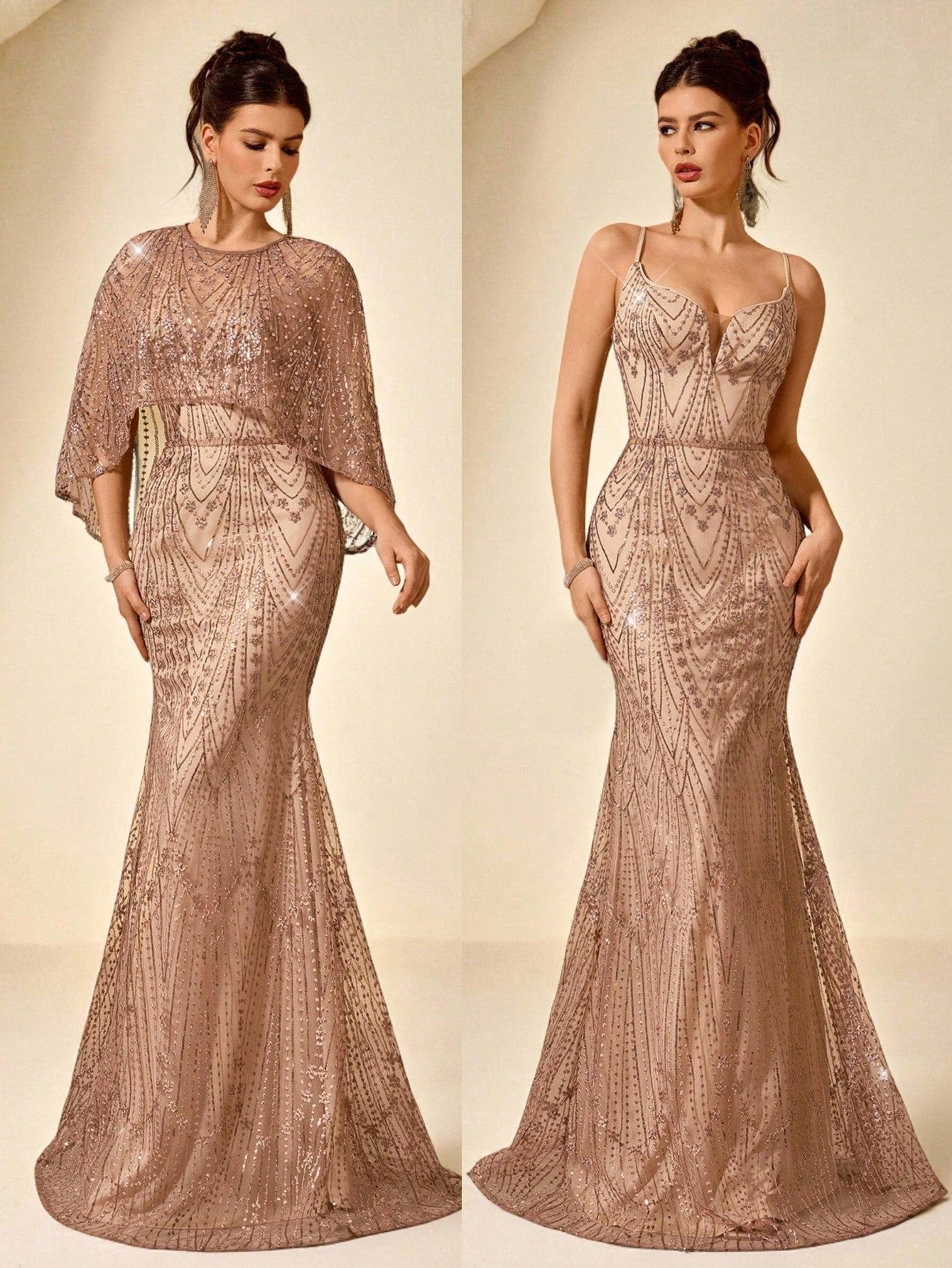 Coutiva Women's Elegant Two Pieces Sequin Mermaid Formal Evening Gown,Dusty Rose Winter Wedding Guest Dress