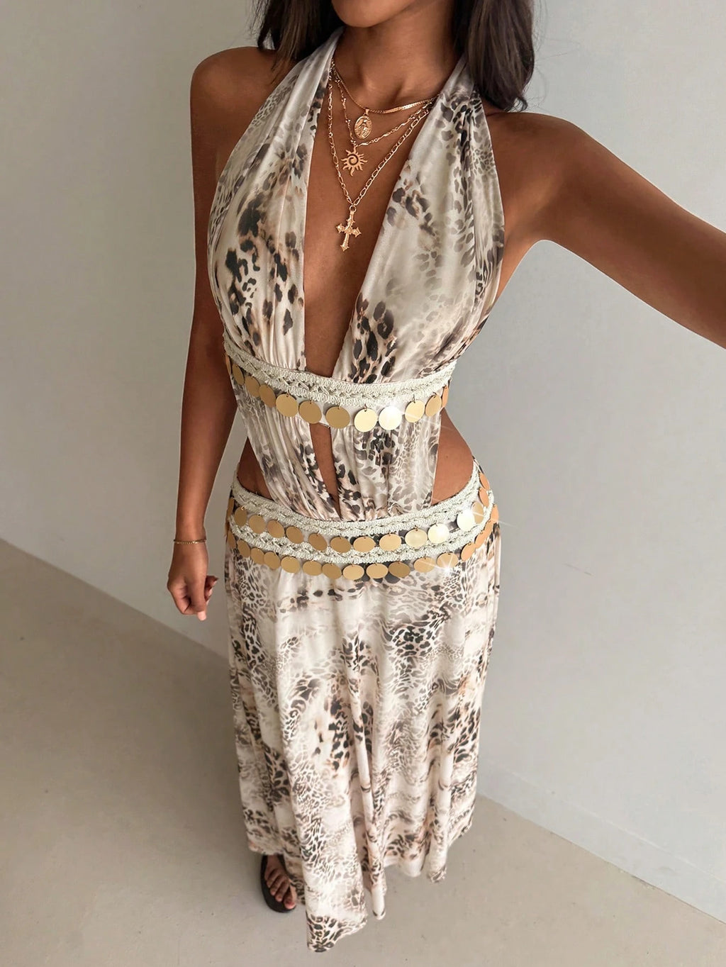 Aloruh White Mesh Knit Elegant Boho Vacation Sexy Halter Neck Dress