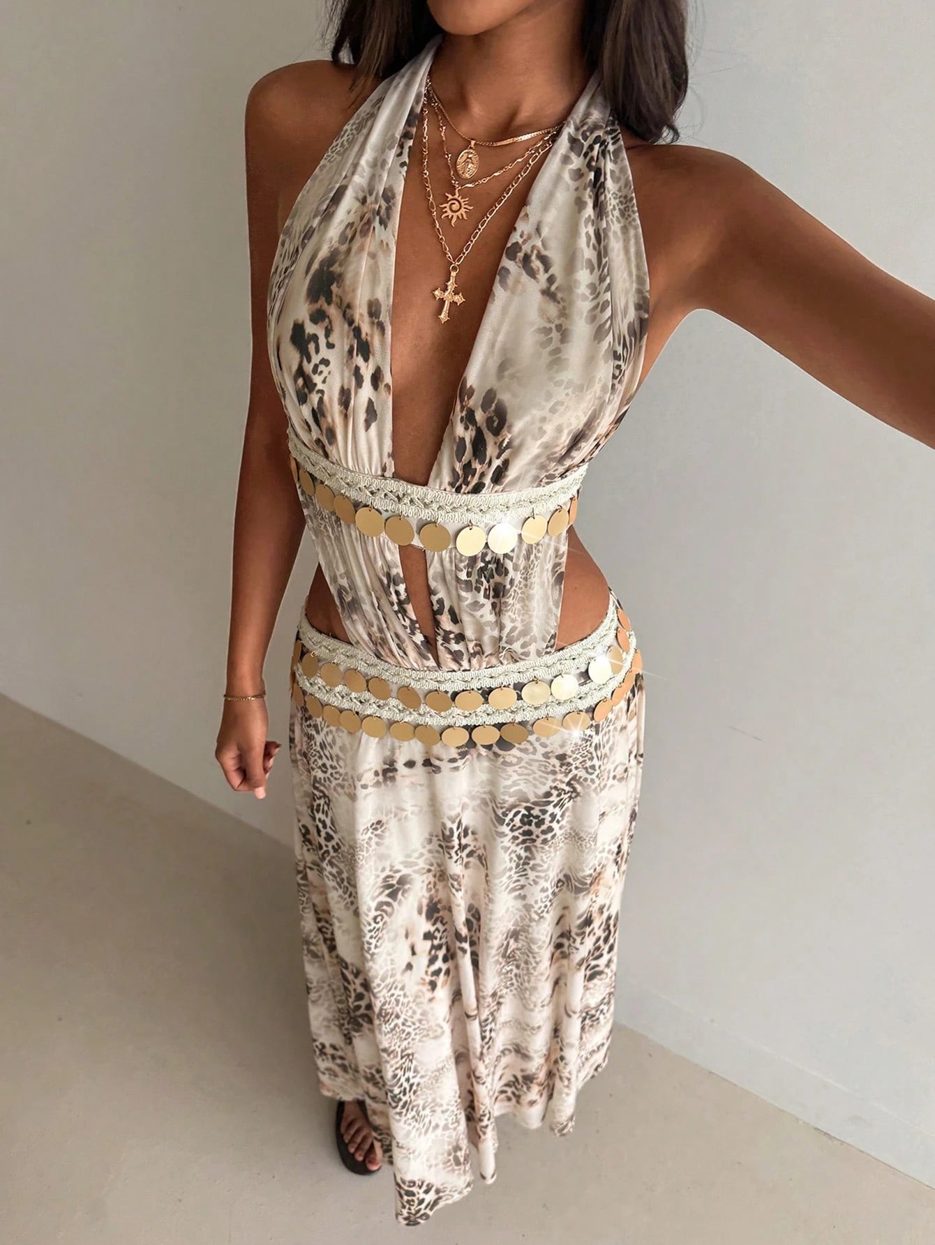 Aloruh White Mesh Knit Elegant Boho Vacation Sexy Halter Neck Dress