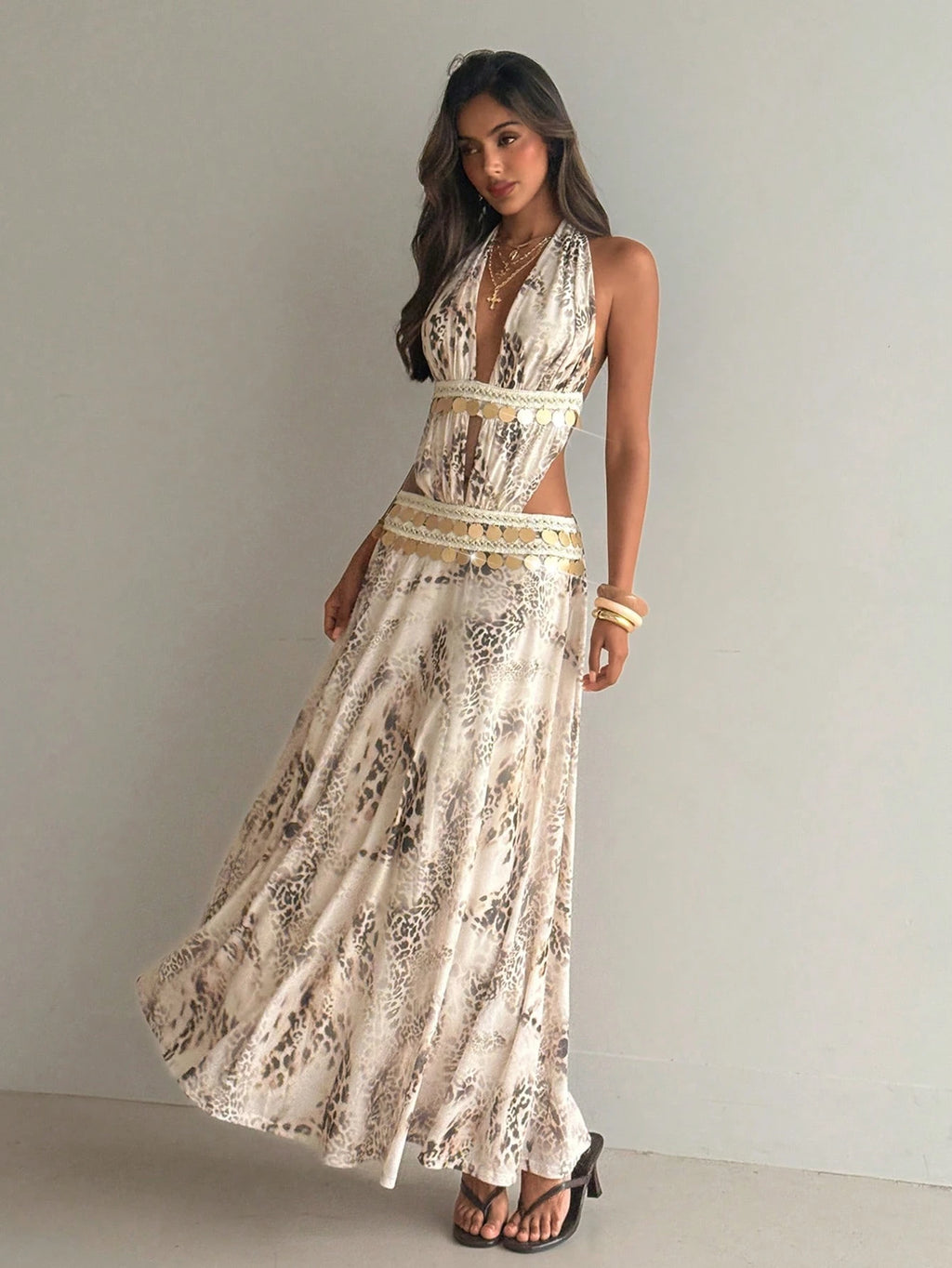 Aloruh White Mesh Knit Elegant Boho Vacation Sexy Halter Neck Dress