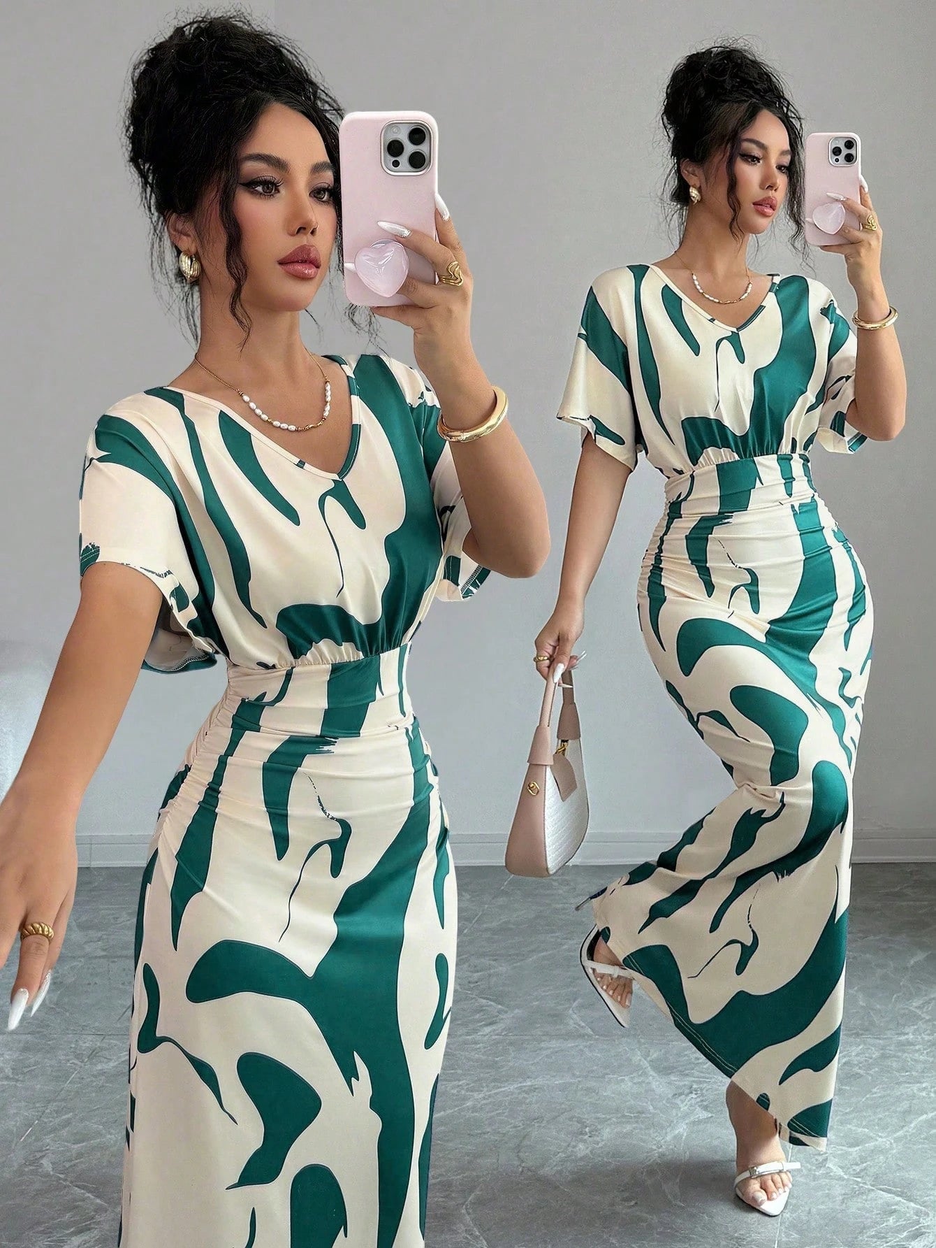 Elenzga Women's Fashion Printed V-Neck Short Sleeve Ruched Waist