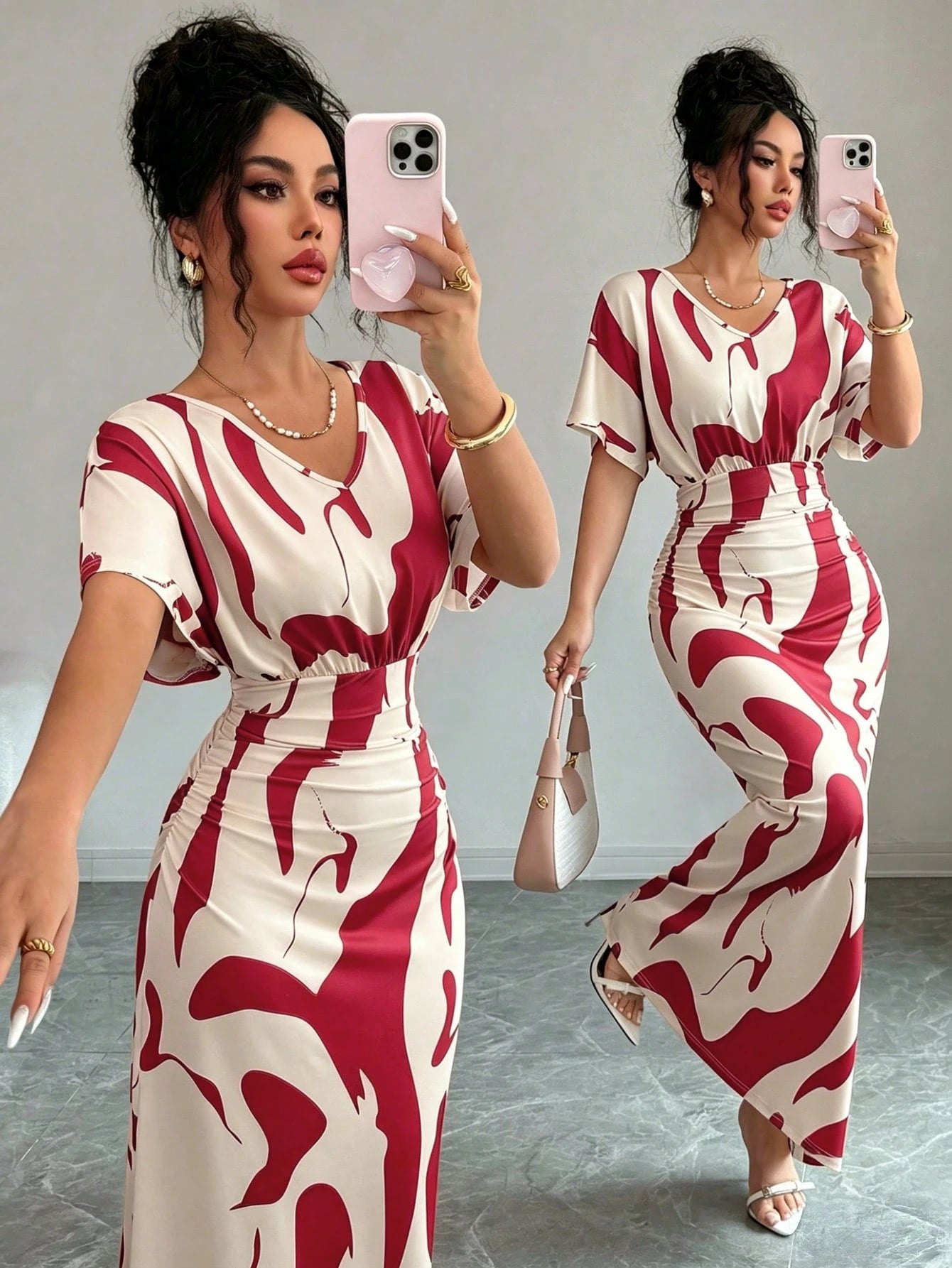 Elenzga Women's Fashion Printed V-Neck Short Sleeve Ruched Waist