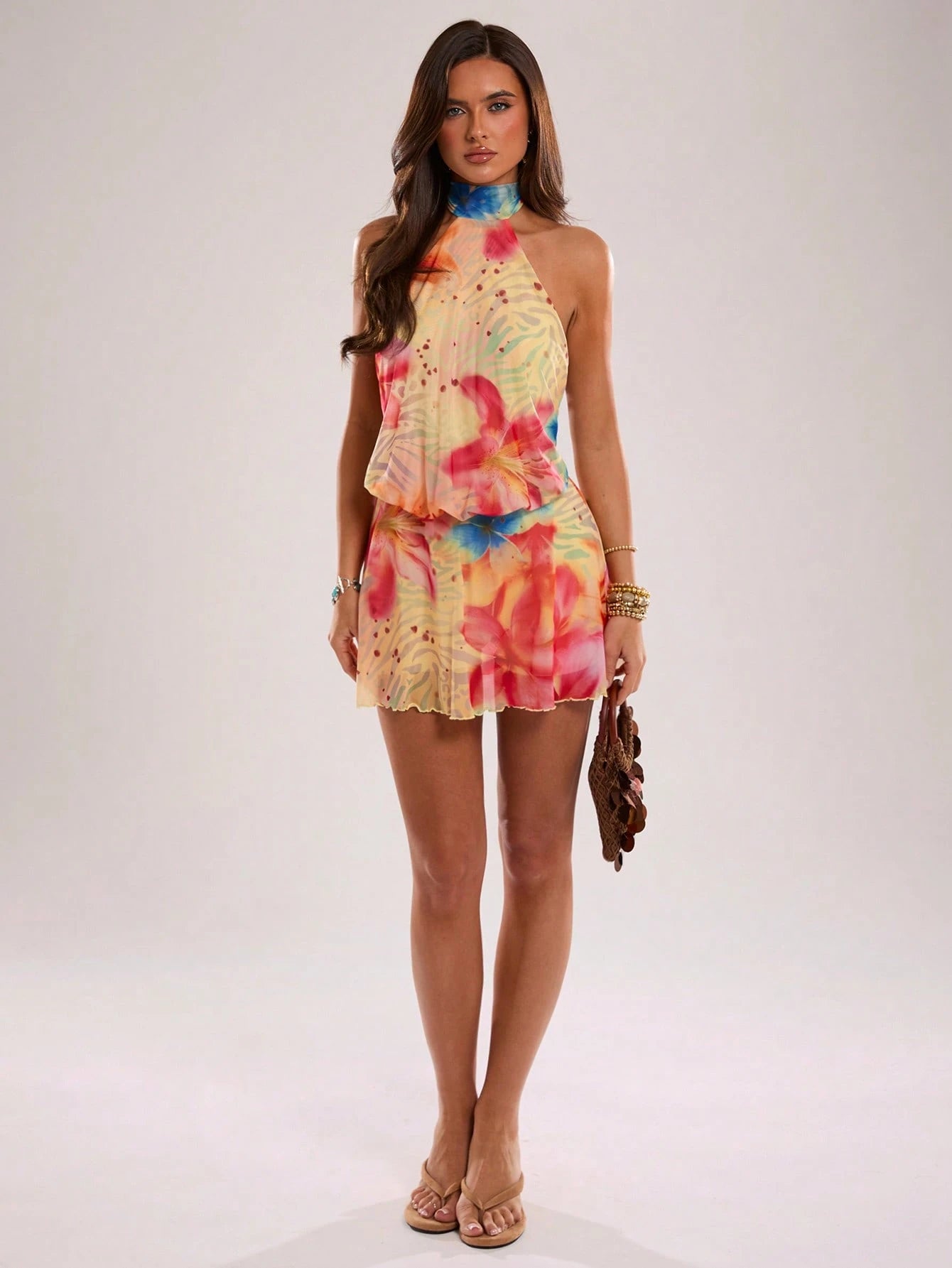 BAE Women's Leopard Tie Dye Print Halter Backless Mini Dress,Summer