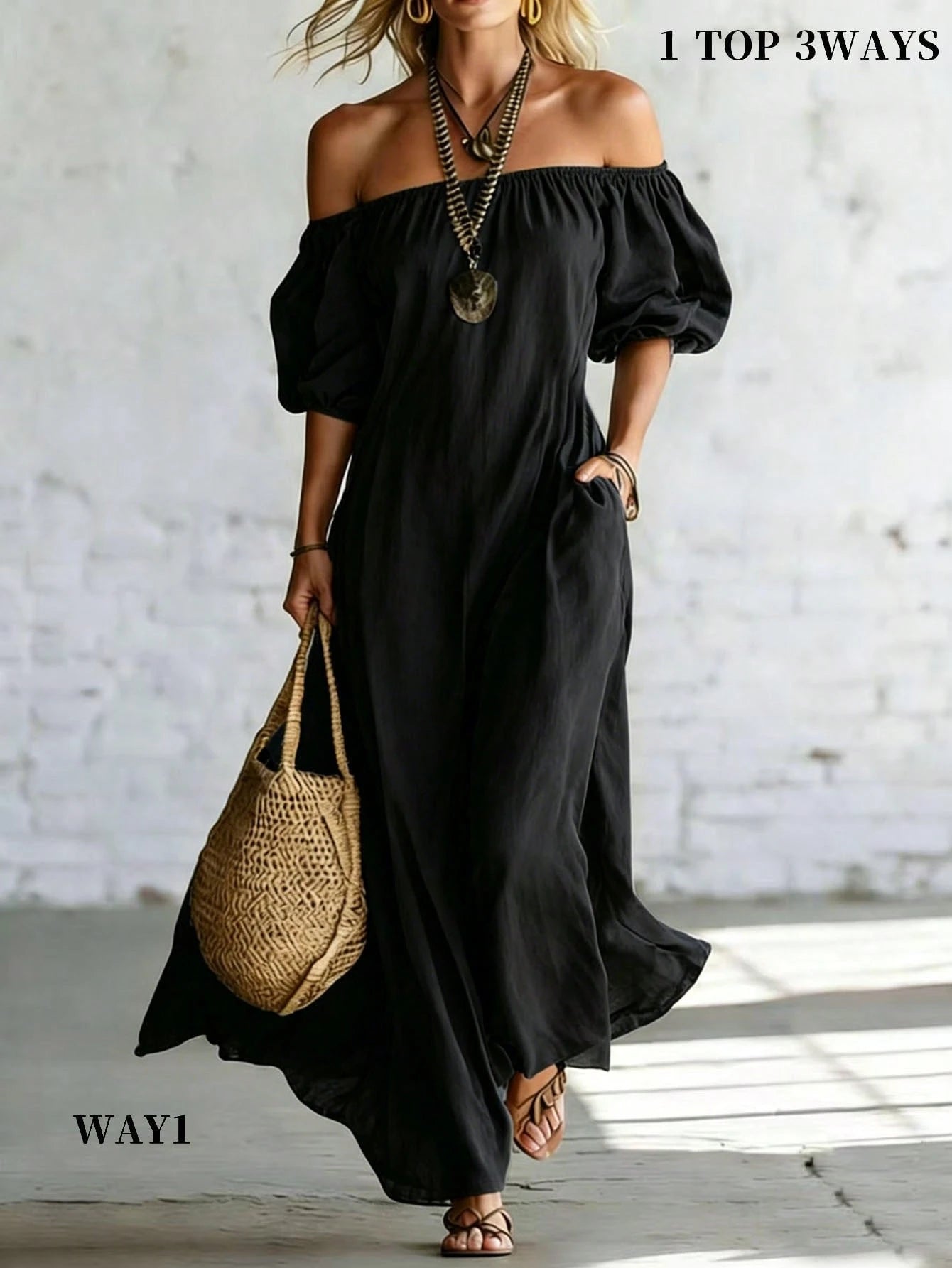 Holidaya Women's Vacation Casual Solid Color Off-Shoulder Dress
