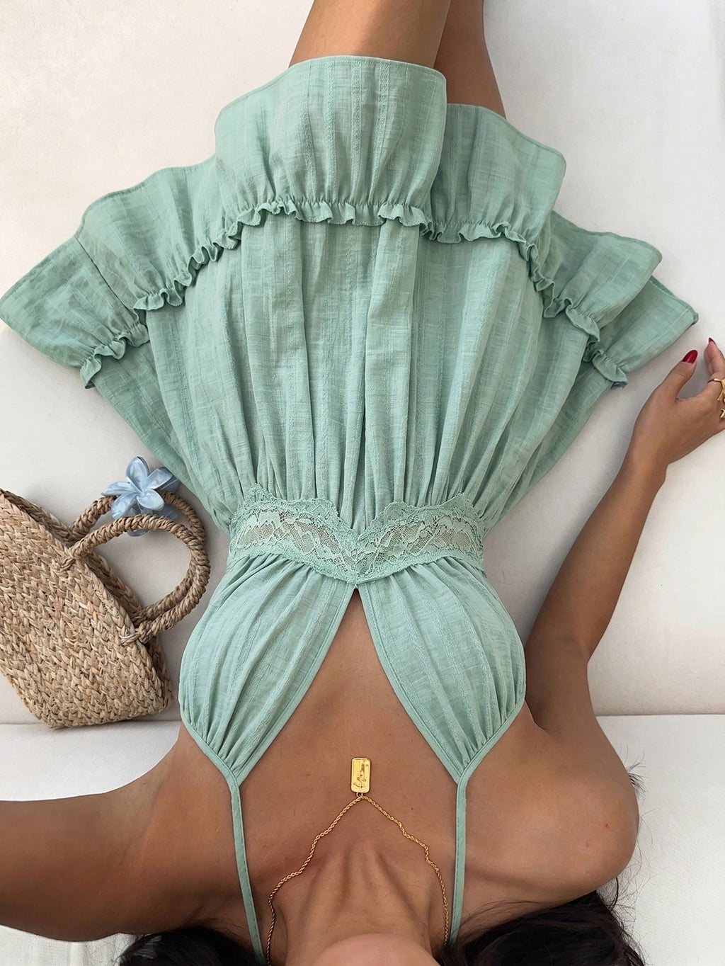 Sunnyshic Lace Trim Lace-Up Women's Dress Beach Vacation Sage Green