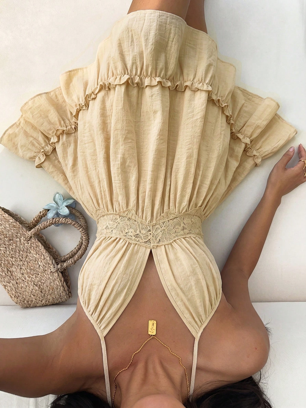 Sunnyshic Lace Trim Lace-Up Women's Dress Beach Vacation Sage Green