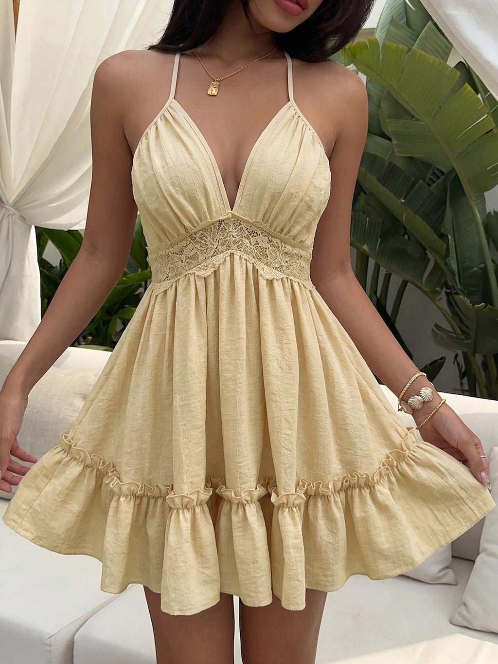 Sunnyshic Lace Trim Lace-Up Women's Dress Beach Vacation Sage Green Summer Tropical - image 6