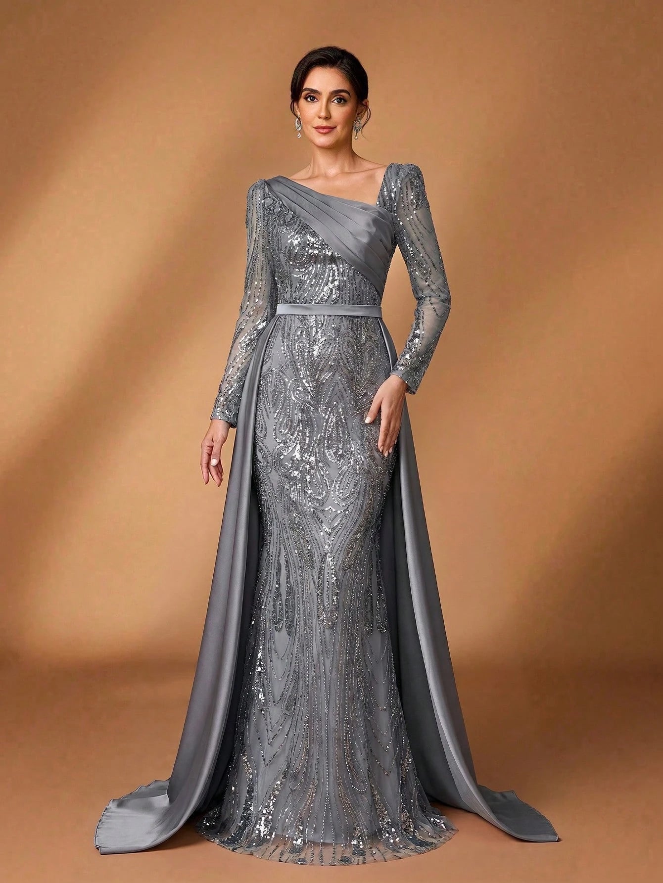 Serin Elegant Navy Blue Winter Formal Evening Wedding Dress,Luxurious Middle Eastern Sequin Mermaid Hem - image 18