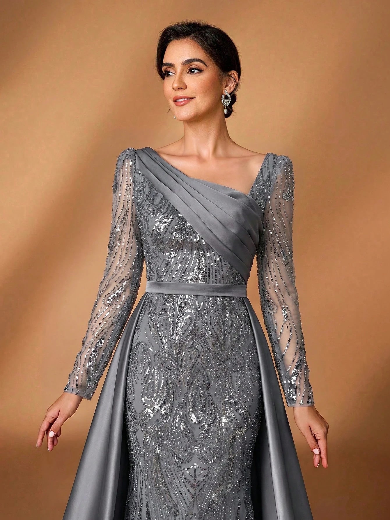 Serin Elegant Navy Blue Winter Formal Evening Wedding Dress,Luxurious Middle Eastern Sequin Mermaid Hem - image 20