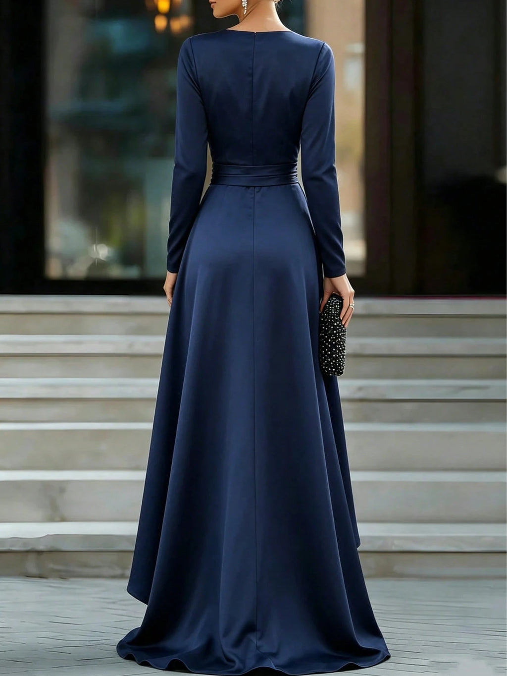 Elegant Deep Navy Blue Satin High Slit Ruffle Evening Dress, Sexy