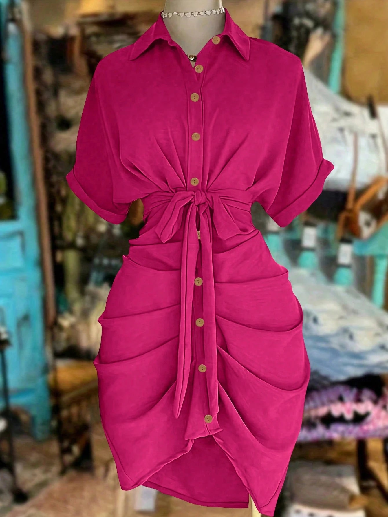 EMERY ROSE Collared Single-Breasted Tie-Waist Short Sleeve Shirt Dress