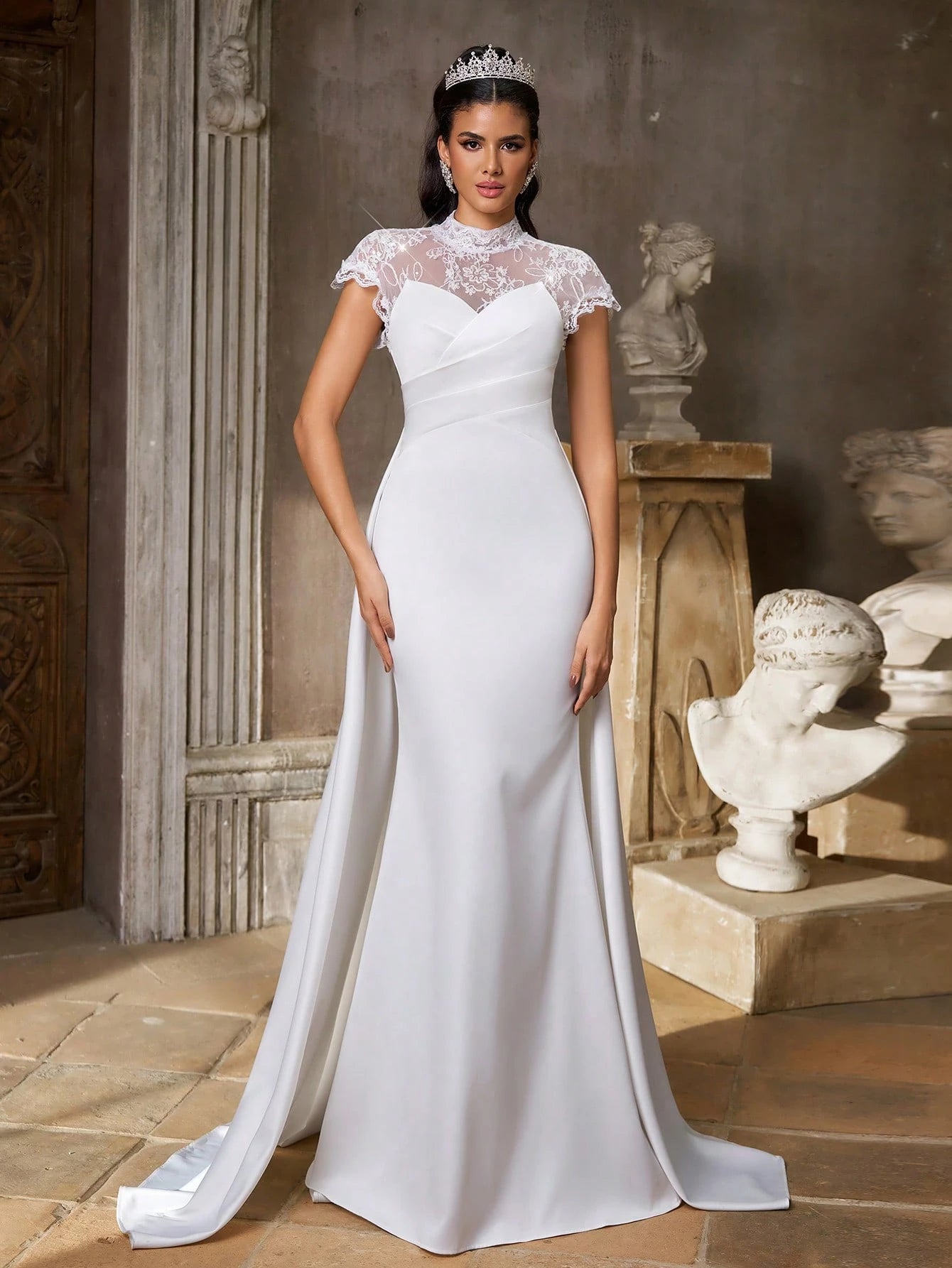 Aureia Elegant White Satin Lace High Neck Sheer Cape Sleeve Button Back Mermaid Floor Length Wedding Dress - image 9