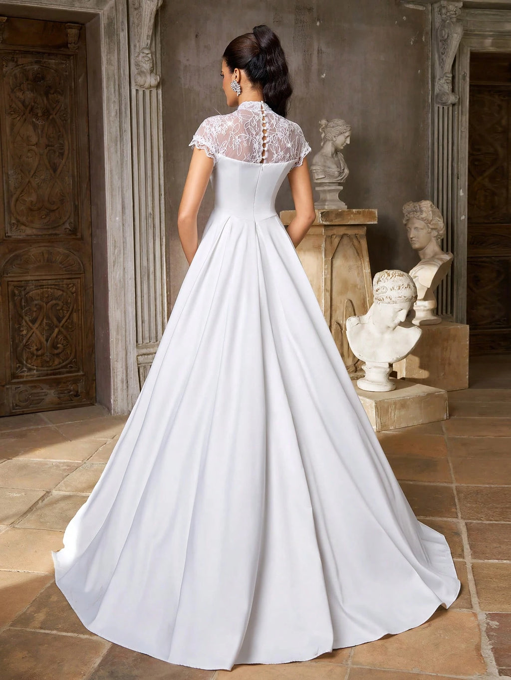 Aureia Elegant White Satin Lace High Neck Sheer Cape Sleeve Button Back Mermaid Floor Length Wedding Dress - image 8