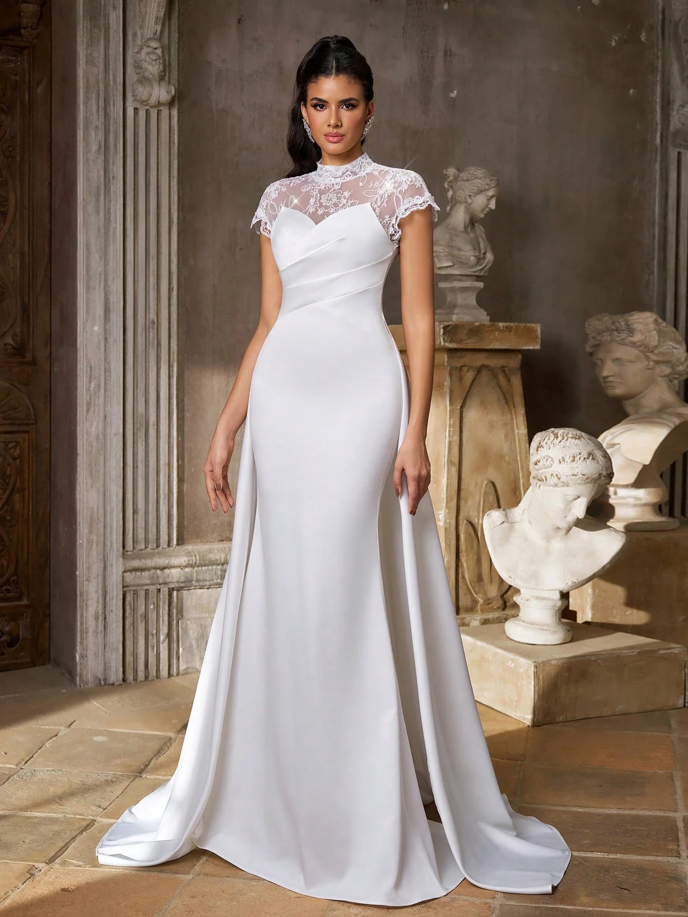 Aureia Elegant White Satin Lace High Neck Sheer Cape Sleeve Button Back Mermaid Floor Length Wedding Dress - image 4
