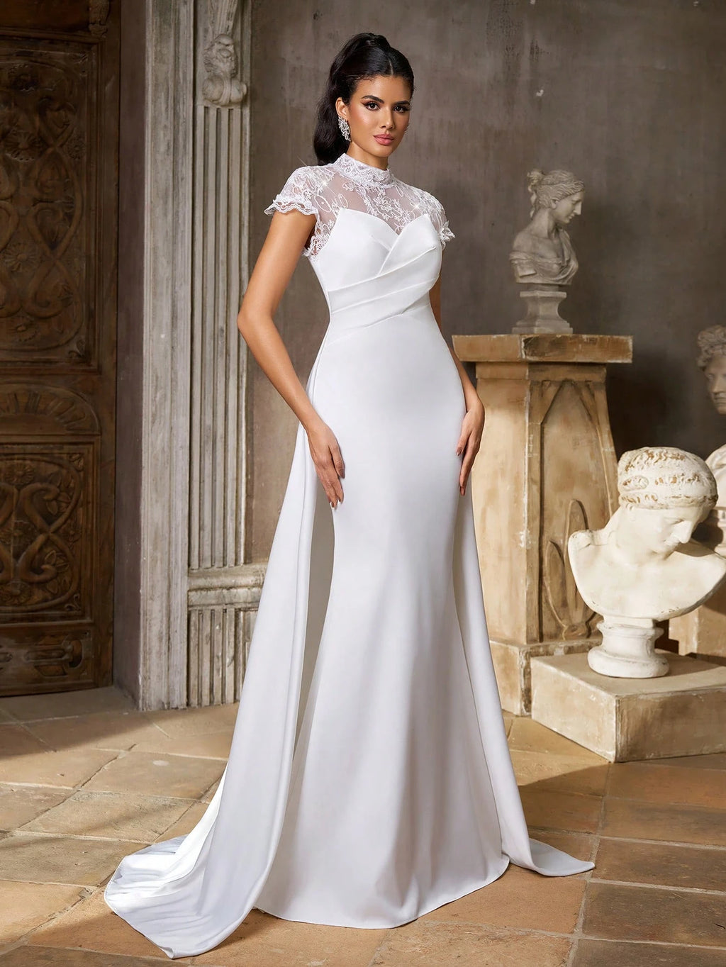 Aureia Elegant White Satin Lace High Neck Sheer Cape Sleeve Button Back Mermaid Floor Length Wedding Dress - image 5