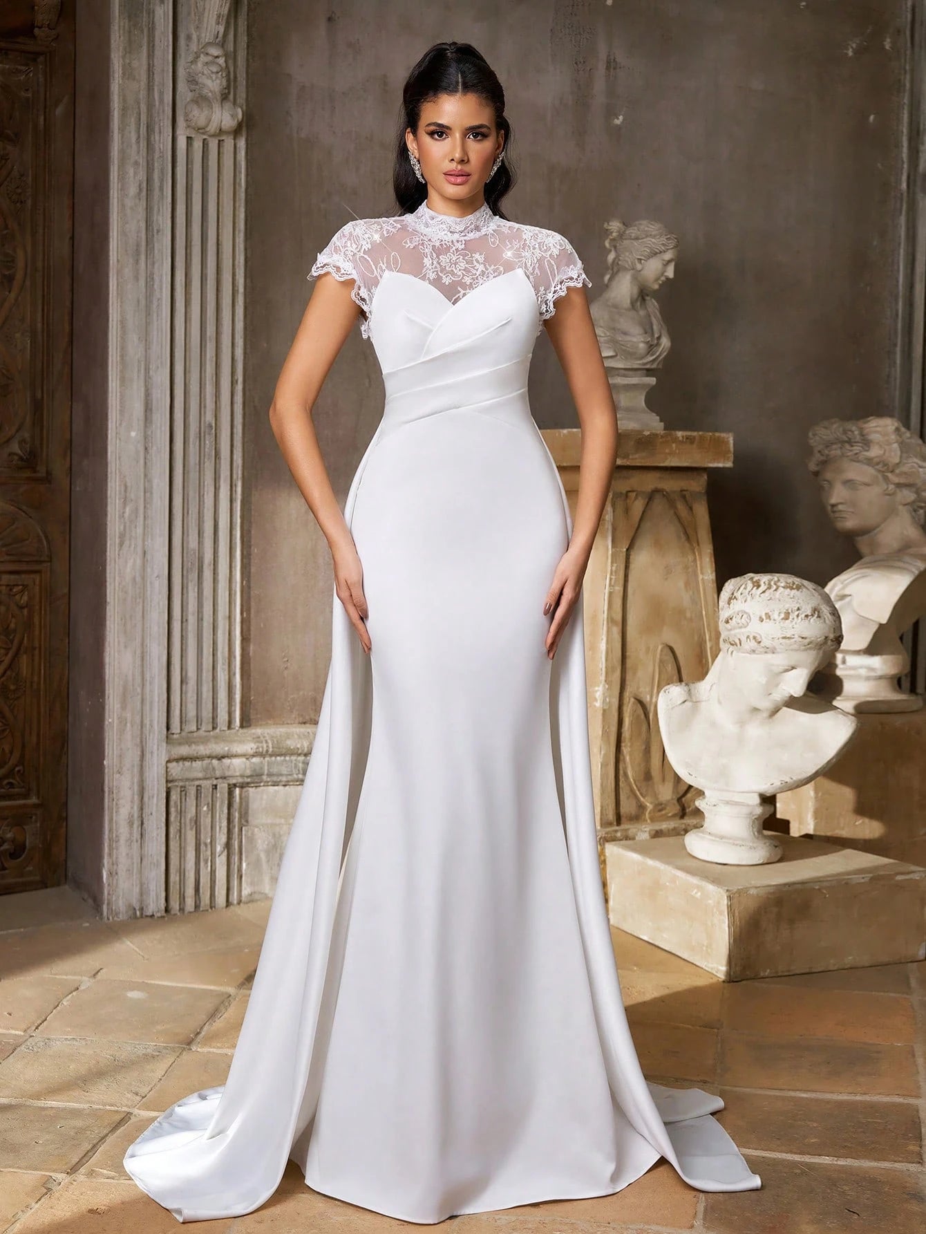 Aureia Elegant White Satin Lace High Neck Sheer Cape Sleeve Button Back Mermaid Floor Length Wedding Dress - image 7