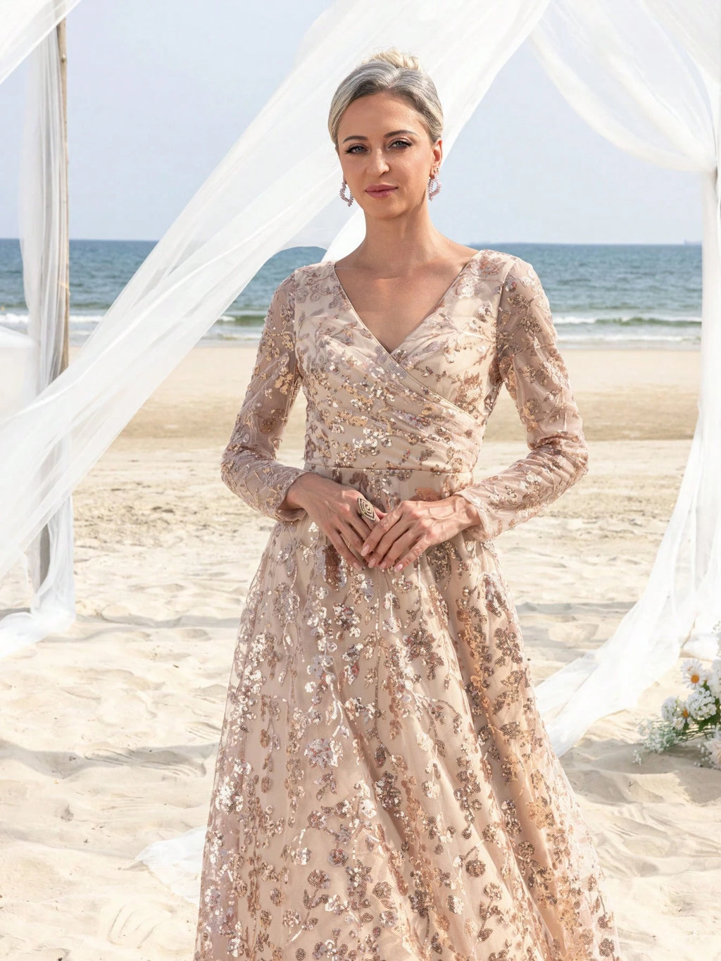 Faeriesty Mosy Elegant Floral Sequin Cross Neck Mother Of The Bride Formal Dress - image 3