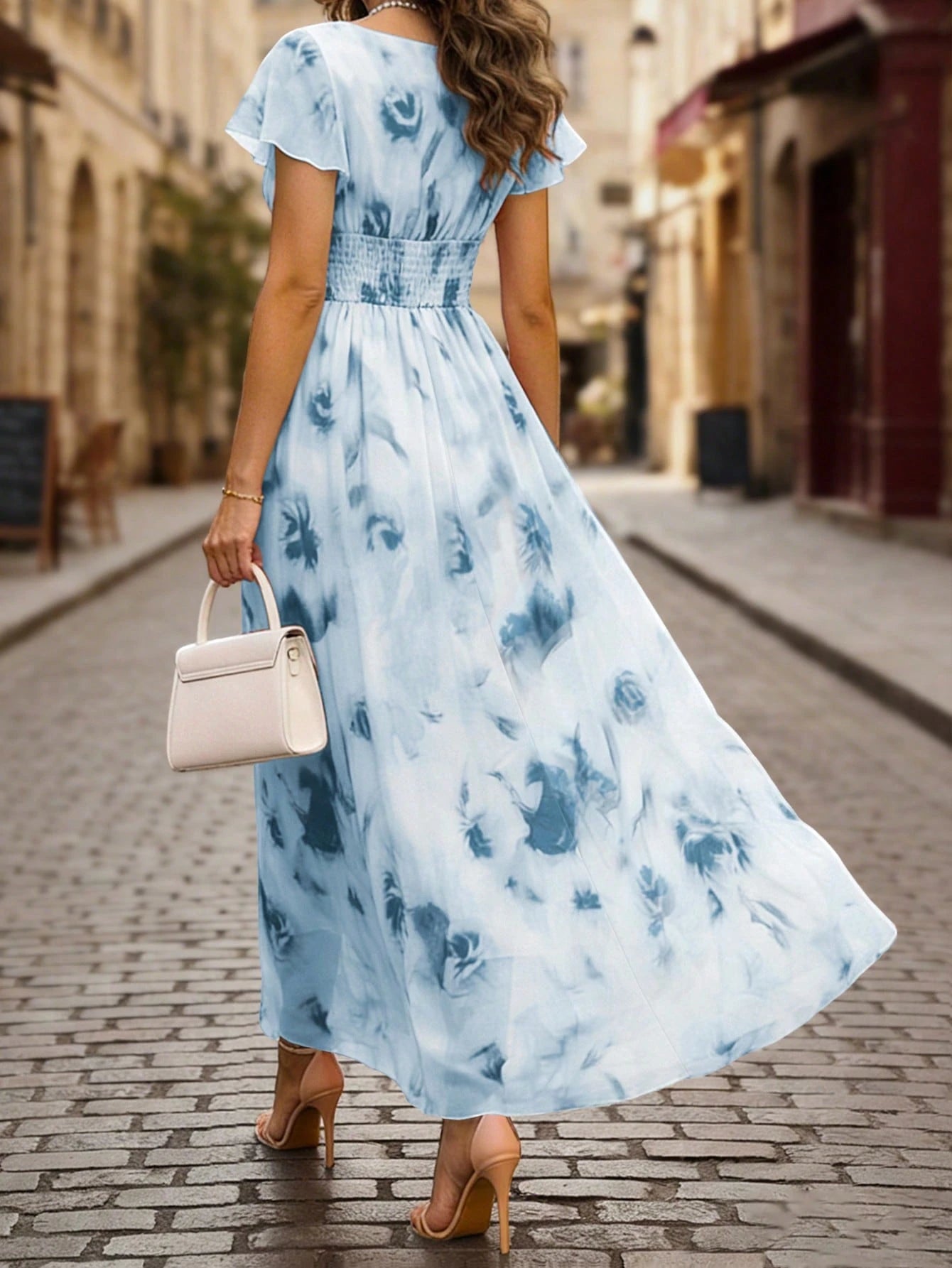 Balvessa V-Neck Elegant Ruffle Hem Floral Print Waist Cinched A-Line