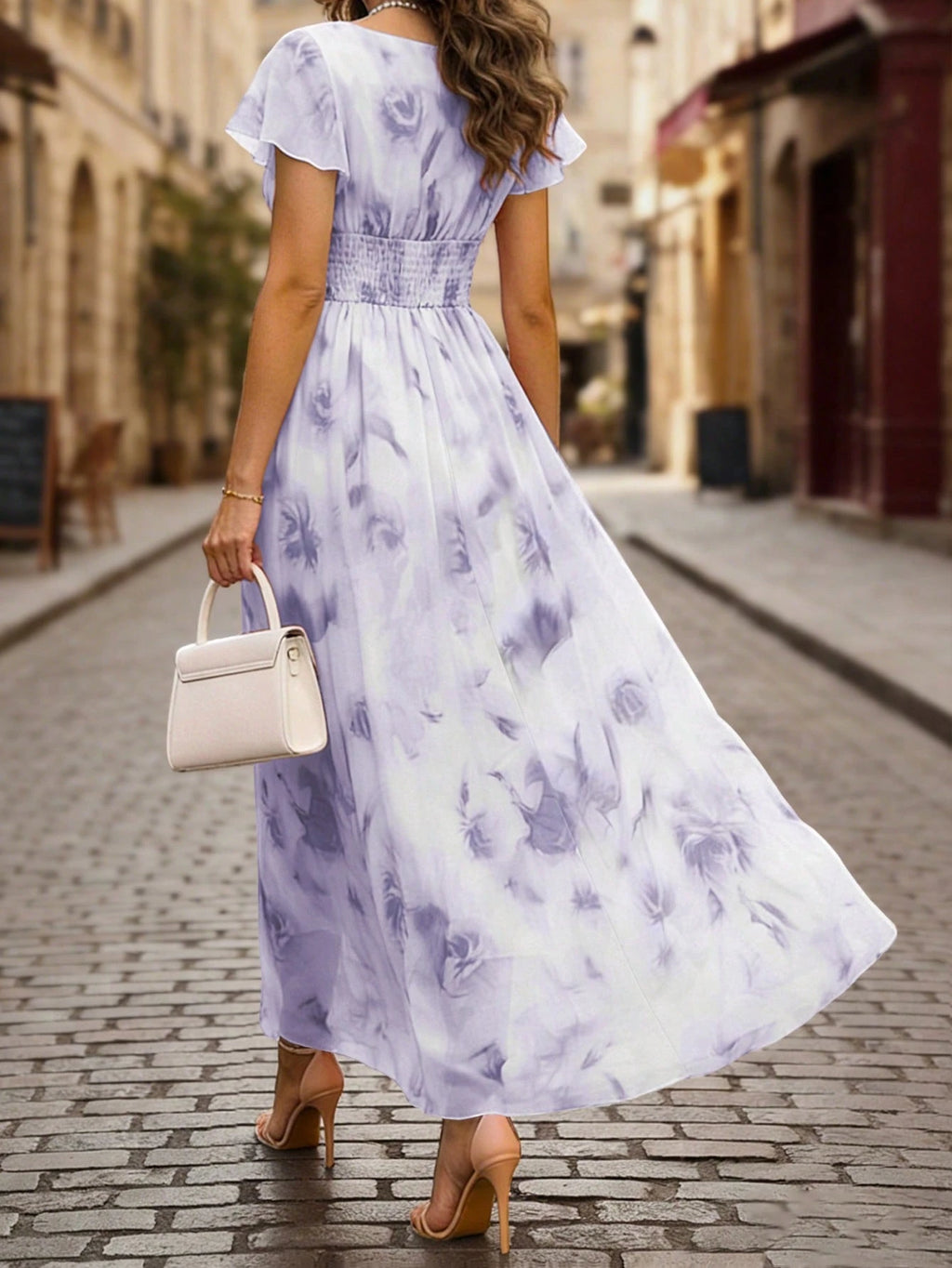 Balvessa V-Neck Elegant Ruffle Hem Floral Print Waist Cinched A-Line