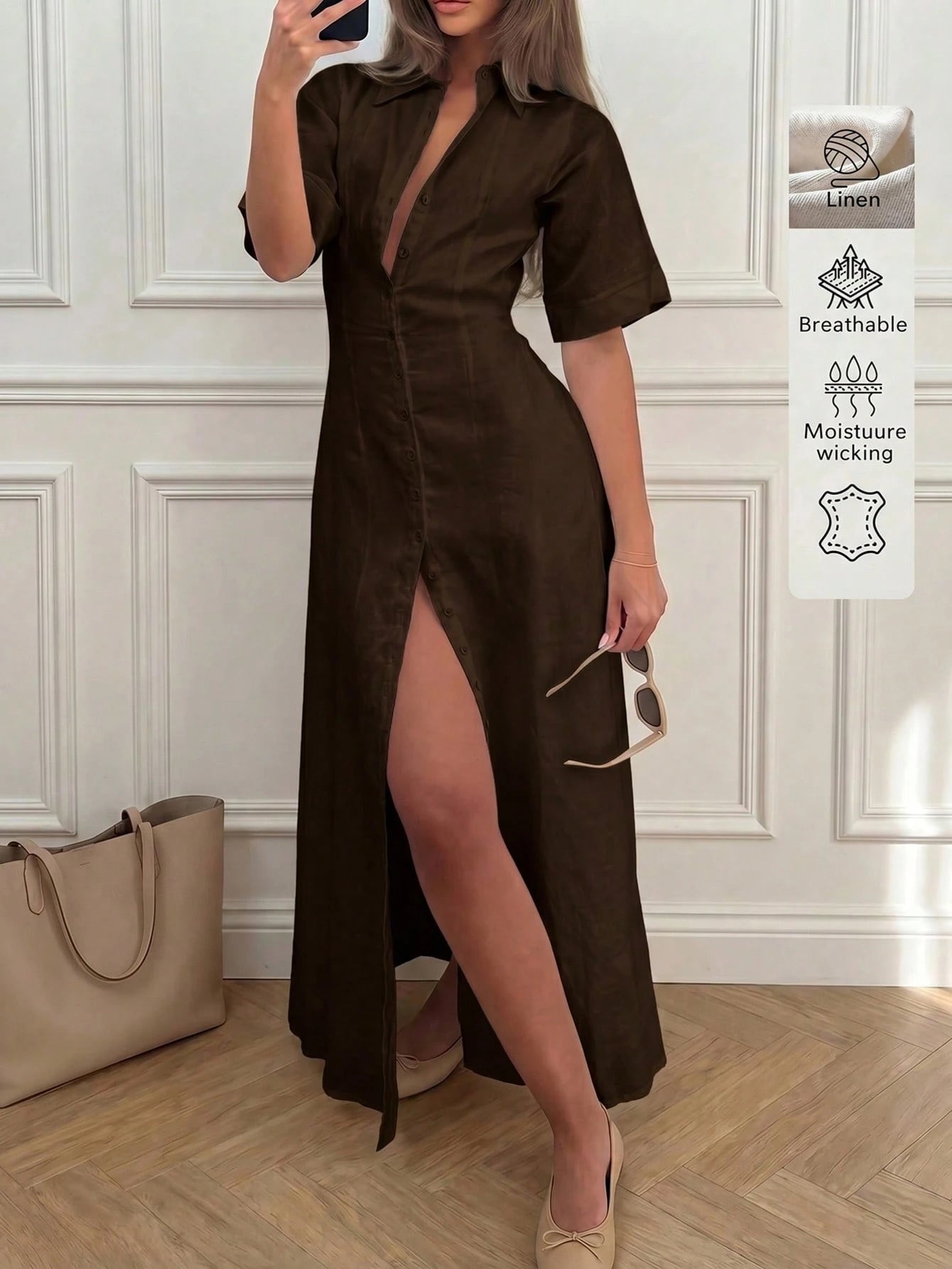 Elegant Linen Casual Commute Minimalist Office Daily Linen Dress,