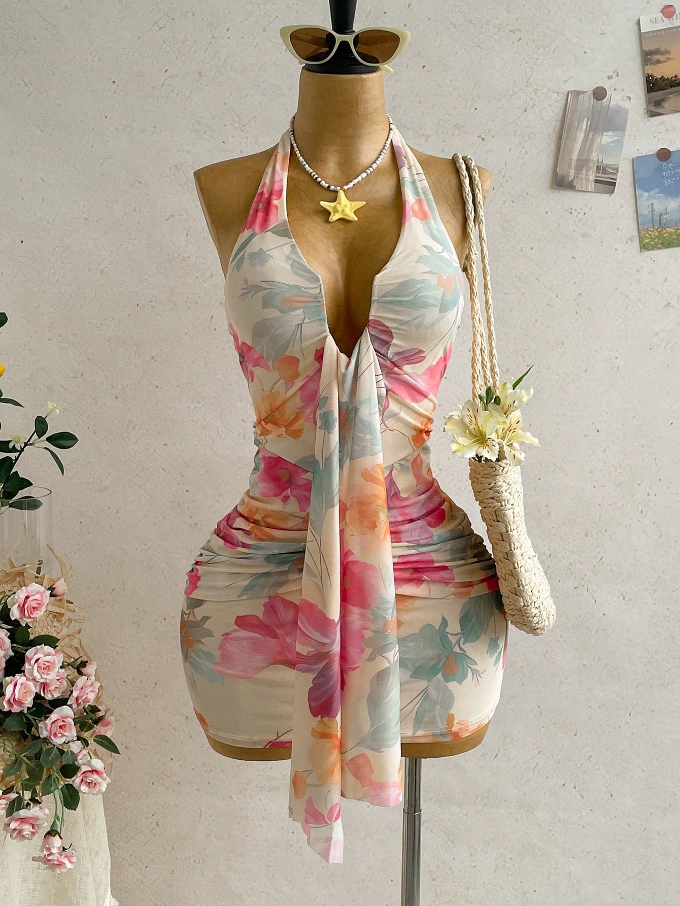 Ure Wave Women's Casual Vacation Sexy Ribbon Halter Bowknot Ruched