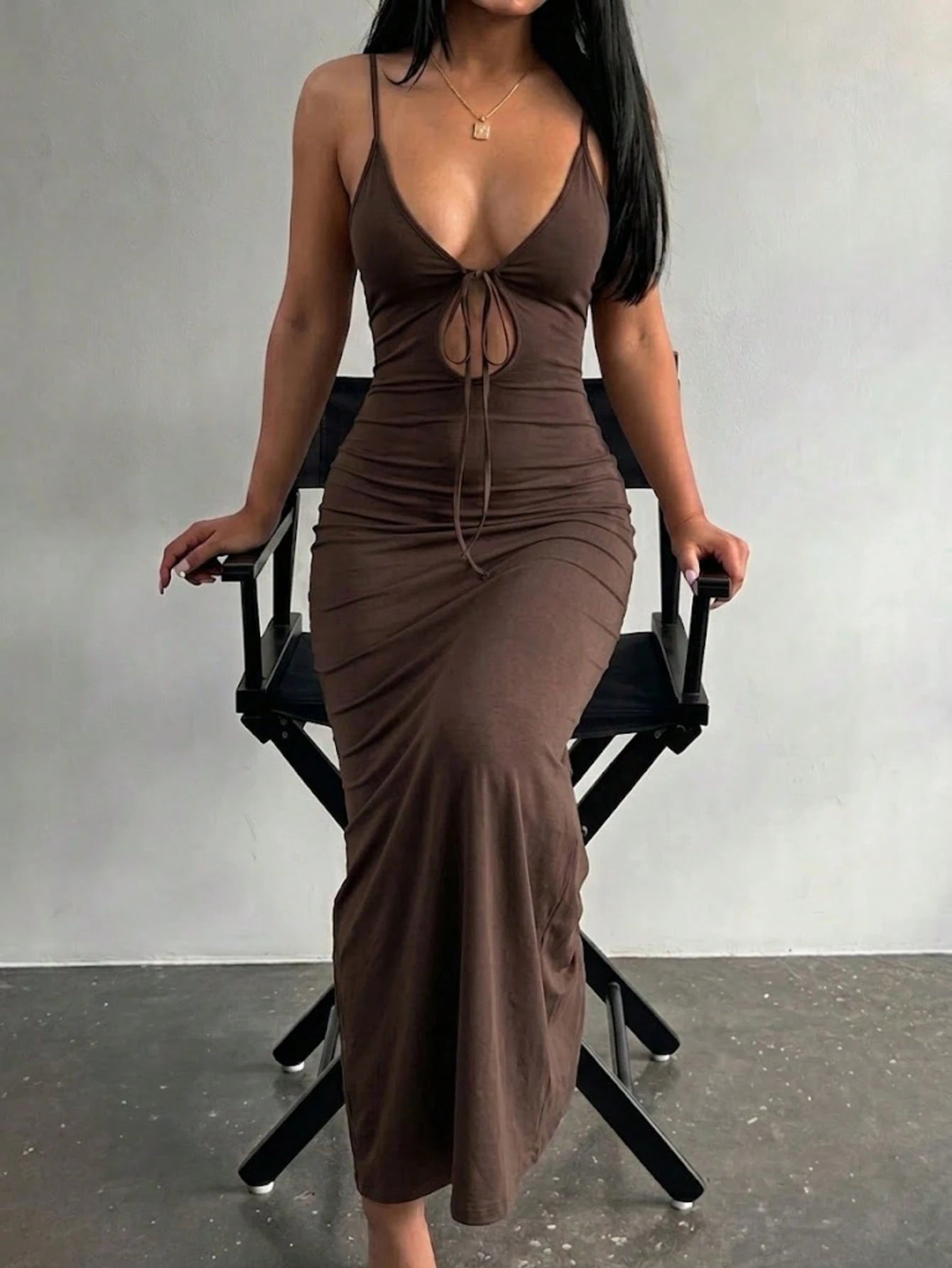 LovelyWholesale Women's Sexy Deep V-Neck Hollow Lace-Up Fitted Long Dress, Summer Elegant Brown