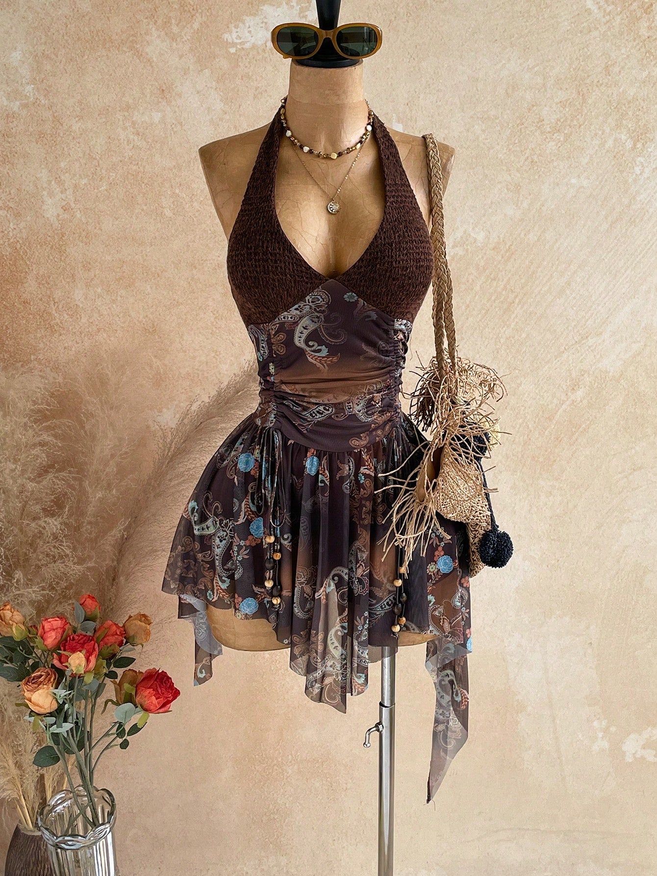 V Neck Tie-Up Waist Wooden Bead Asymmetrical Hem Mini Dress