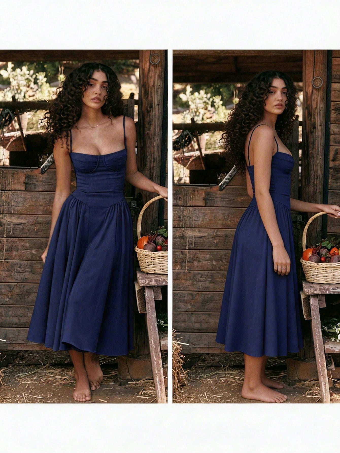 Women's Beige Corset Midi Dress, Spaghetti Strap Sweetheart Neck