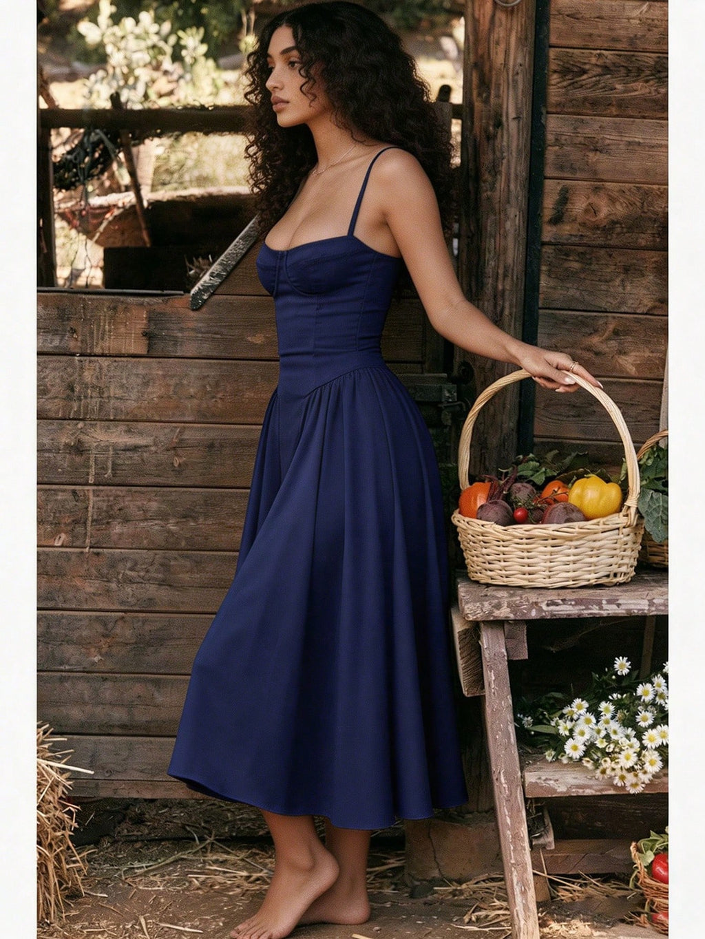 Women's Beige Corset Midi Dress, Spaghetti Strap Sweetheart Neck