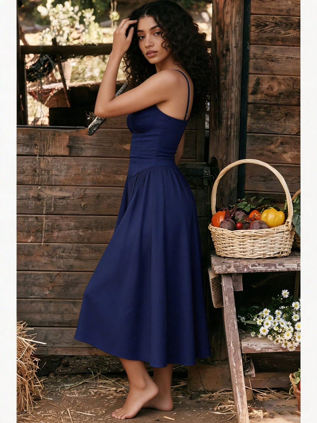 Women's Beige Corset Midi Dress, Spaghetti Strap Sweetheart Neck