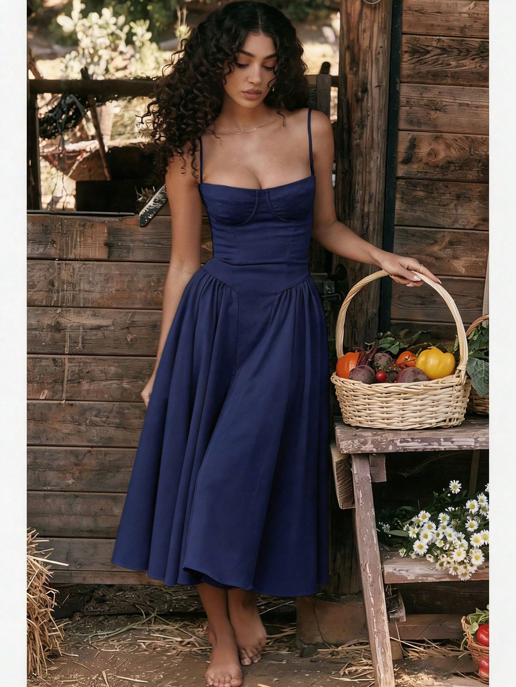Women's Beige Corset Midi Dress, Spaghetti Strap Sweetheart Neck