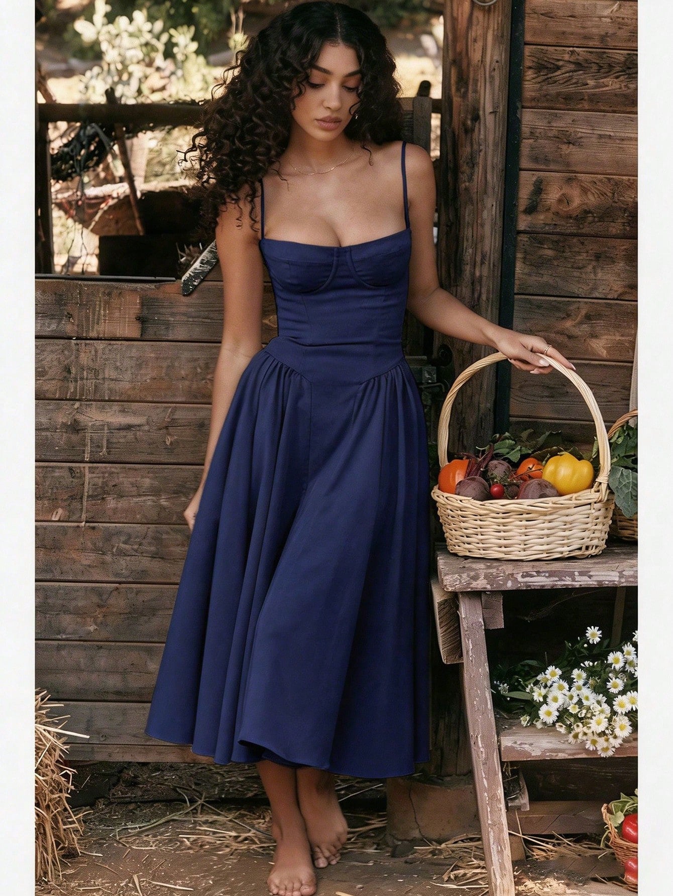 Women's Beige Corset Midi Dress, Spaghetti Strap Sweetheart Neck A-Line Flared Dress, Elegant Party & - image 4