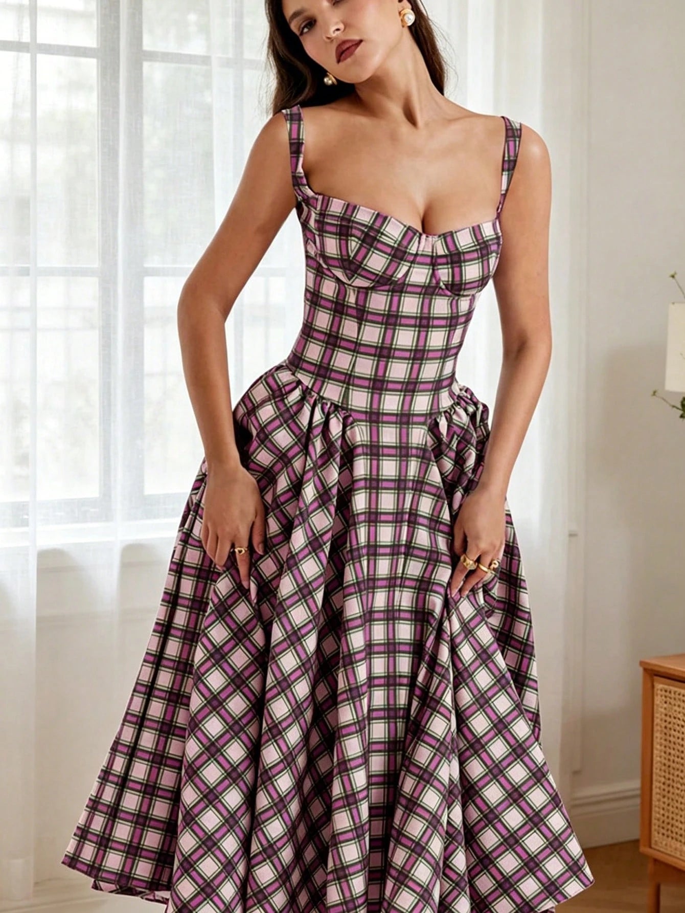Women's Beige Corset Midi Dress, Spaghetti Strap Sweetheart Neck