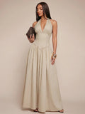 Radiana Elegant Sexy Summer Navy Blue Halter Neck Maxi Dress,Flowy