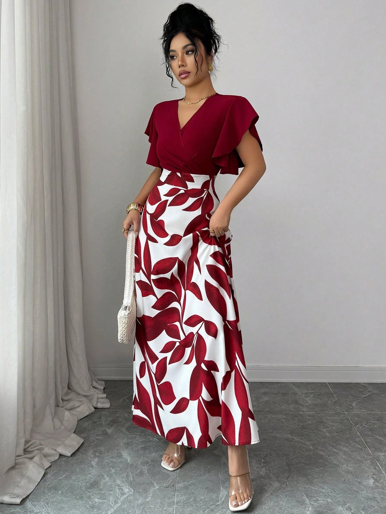 Elenzga Women's Elegant Burgundy Red Leaf Pattern Ruched Cap Sleeve
