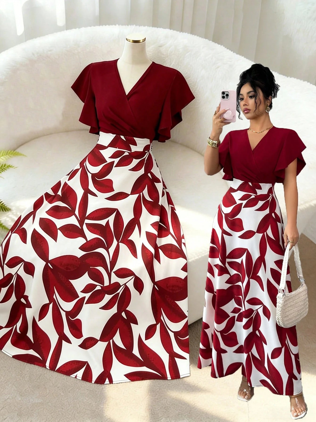 Elenzga Women's Elegant Burgundy Red Leaf Pattern Ruched Cap Sleeve