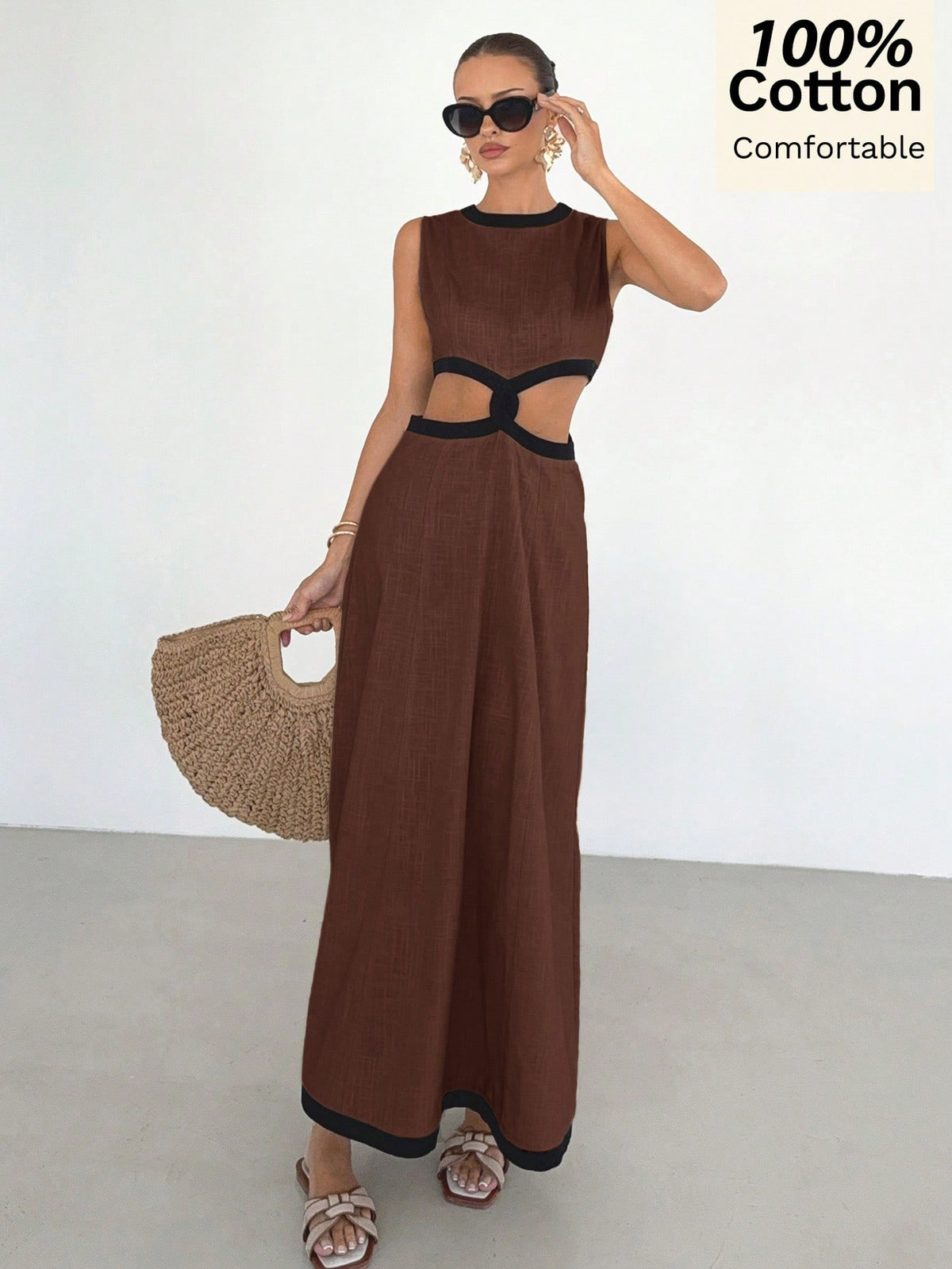 Siren Gaze 100 Pure Cotton Black And Silver Summer Sleeveless Hollowed-Out Long Dress French Elegance - image 10