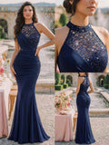 MIUSOL Halter Neck Sequin Floral Lace Ruched Waist Mermaid Hem Formal