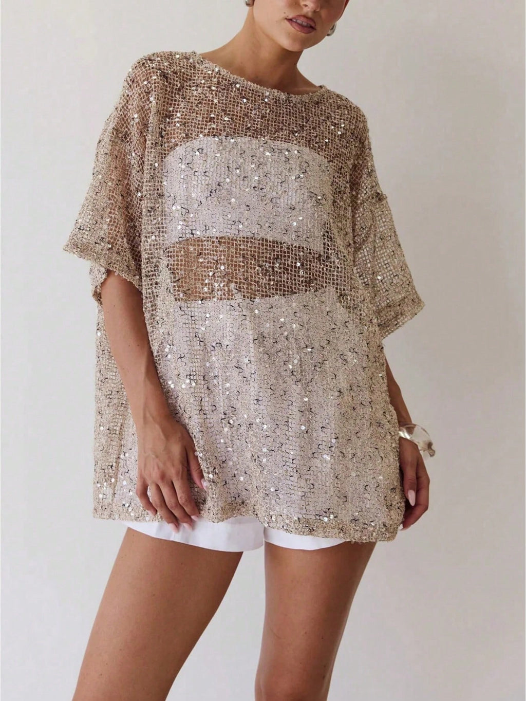 Dresses For WomenWomen Sequin Sheer Short Sleeve Glitter T Shirt