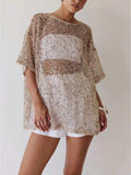 Dresses For WomenWomen Sequin Sheer Short Sleeve Glitter T Shirt