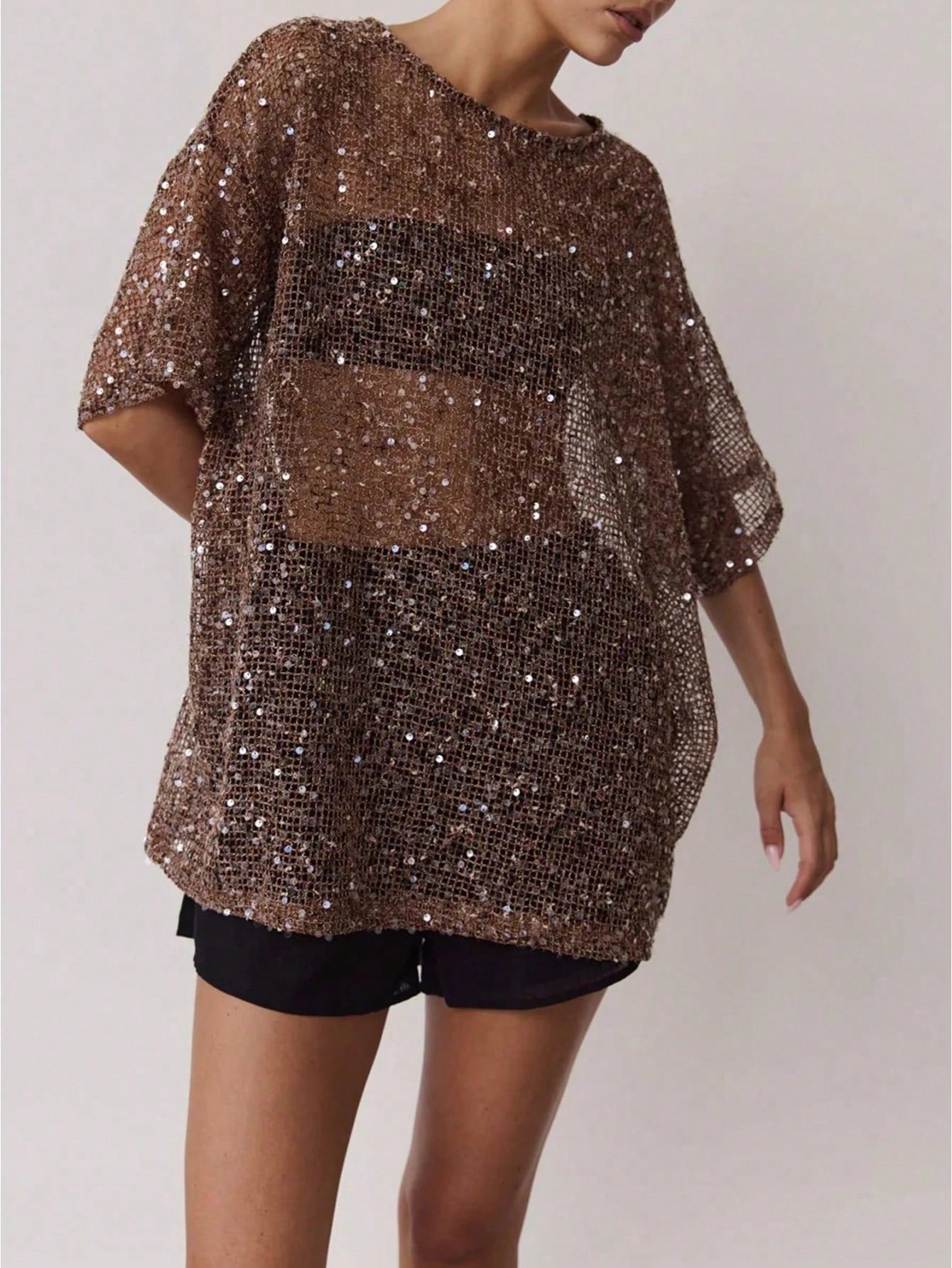 Dresses For WomenWomen Sequin Sheer Short Sleeve Glitter T Shirt