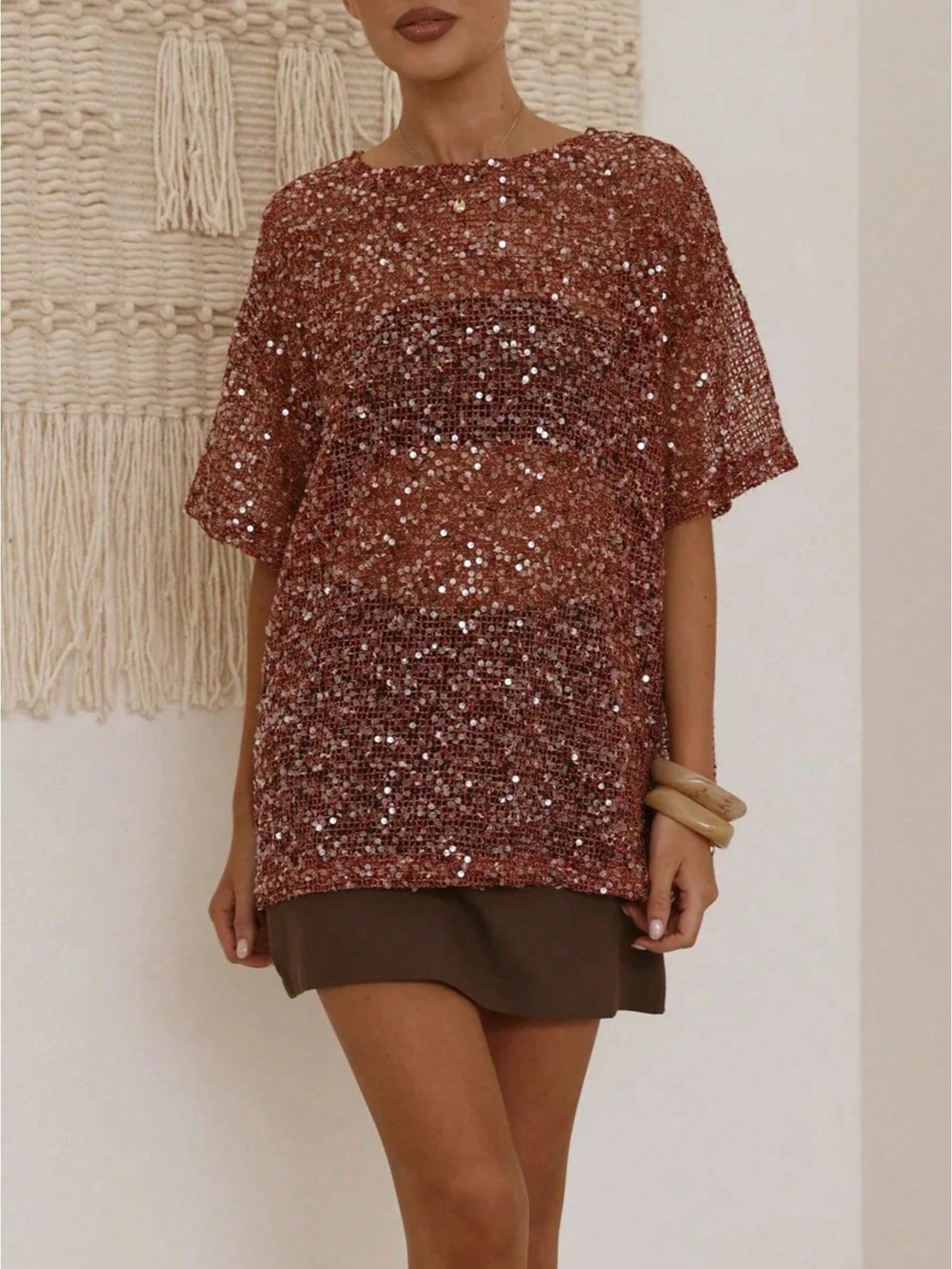 Dresses For WomenWomen Sequin Sheer Short Sleeve Glitter T Shirt