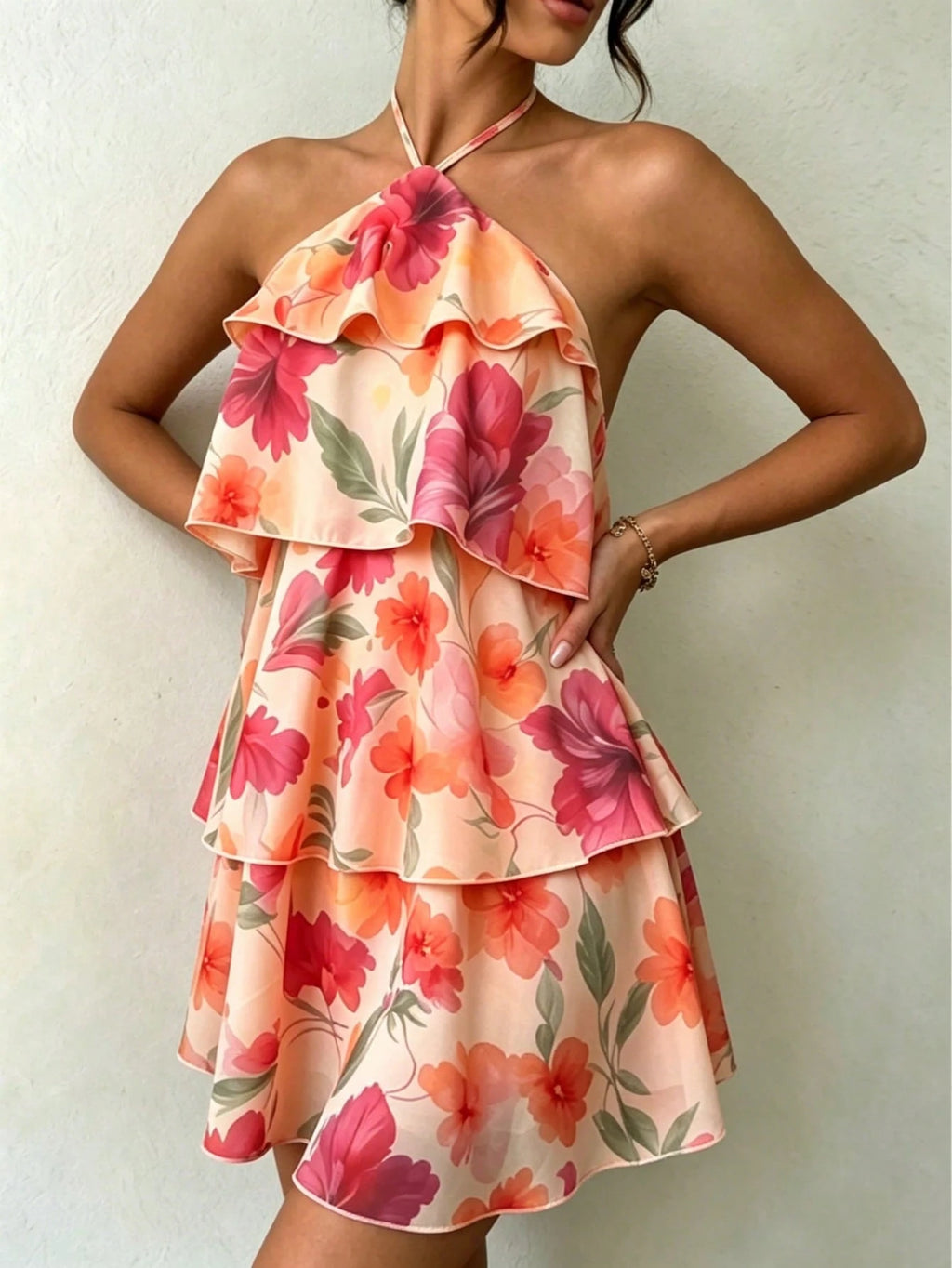 Floral Print Spaghetti Strap Mini Dress - Pink/Red/Orange/Purple Flowers, Green Leaves, Layered Ruffle Hem, - image 11