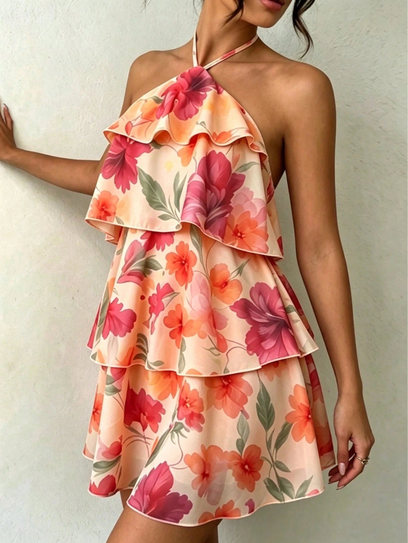 Floral Print Spaghetti Strap Mini Dress - Pink/Red/Orange/Purple Flowers, Green Leaves, Layered Ruffle Hem, - image 13