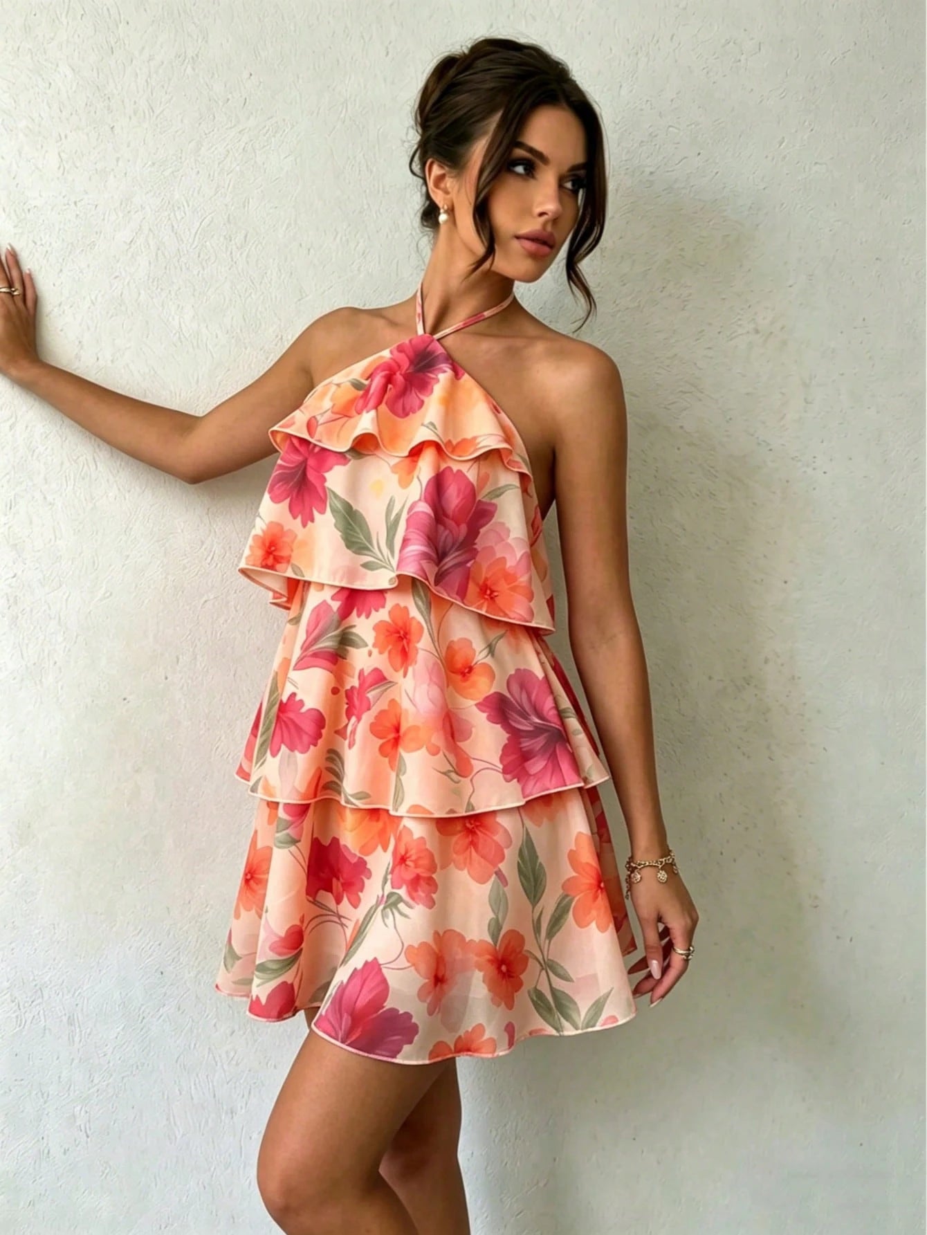 Floral Print Spaghetti Strap Mini Dress - Pink/Red/Orange/Purple Flowers, Green Leaves, Layered Ruffle Hem, - image 15