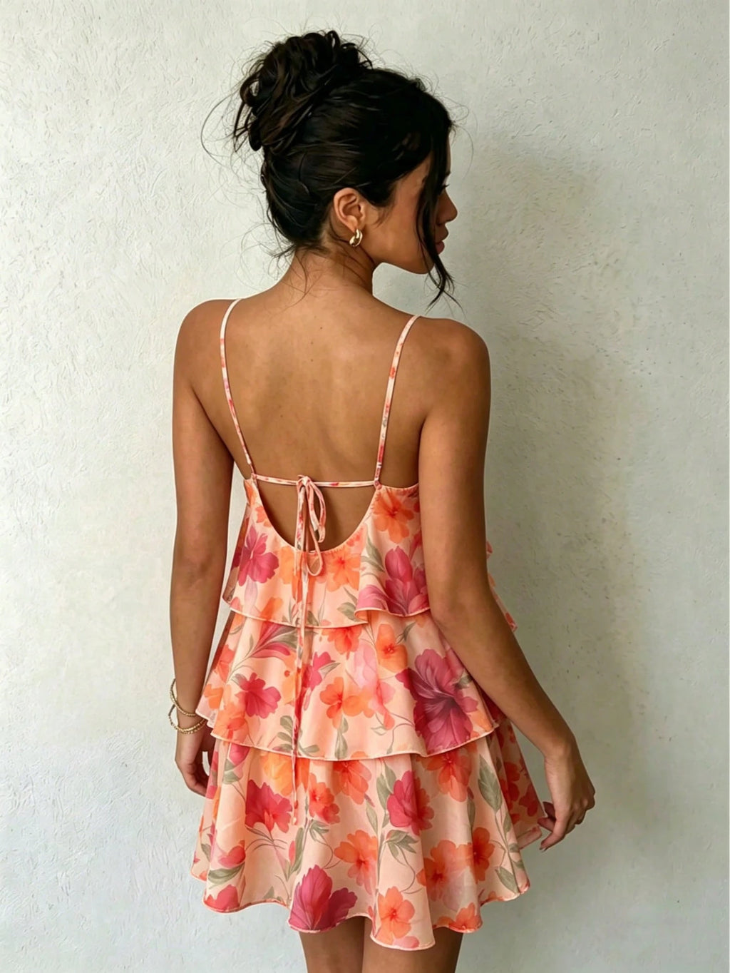 Floral Print Spaghetti Strap Mini Dress - Pink/Red/Orange/Purple Flowers, Green Leaves, Layered Ruffle Hem, - image 10