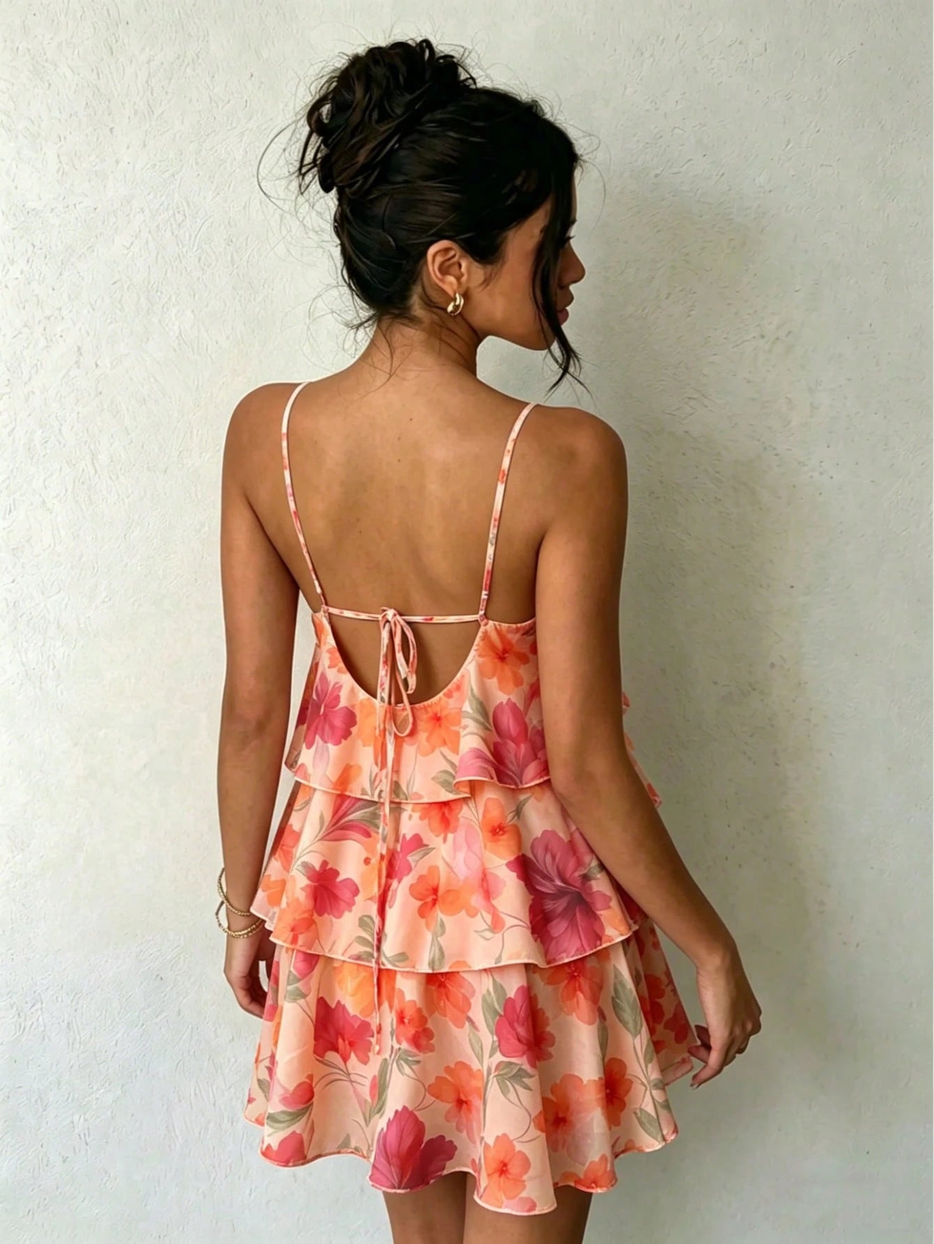 Floral Print Spaghetti Strap Mini Dress - Pink/Red/Orange/Purple Flowers, Green Leaves, Layered Ruffle Hem, - image 10